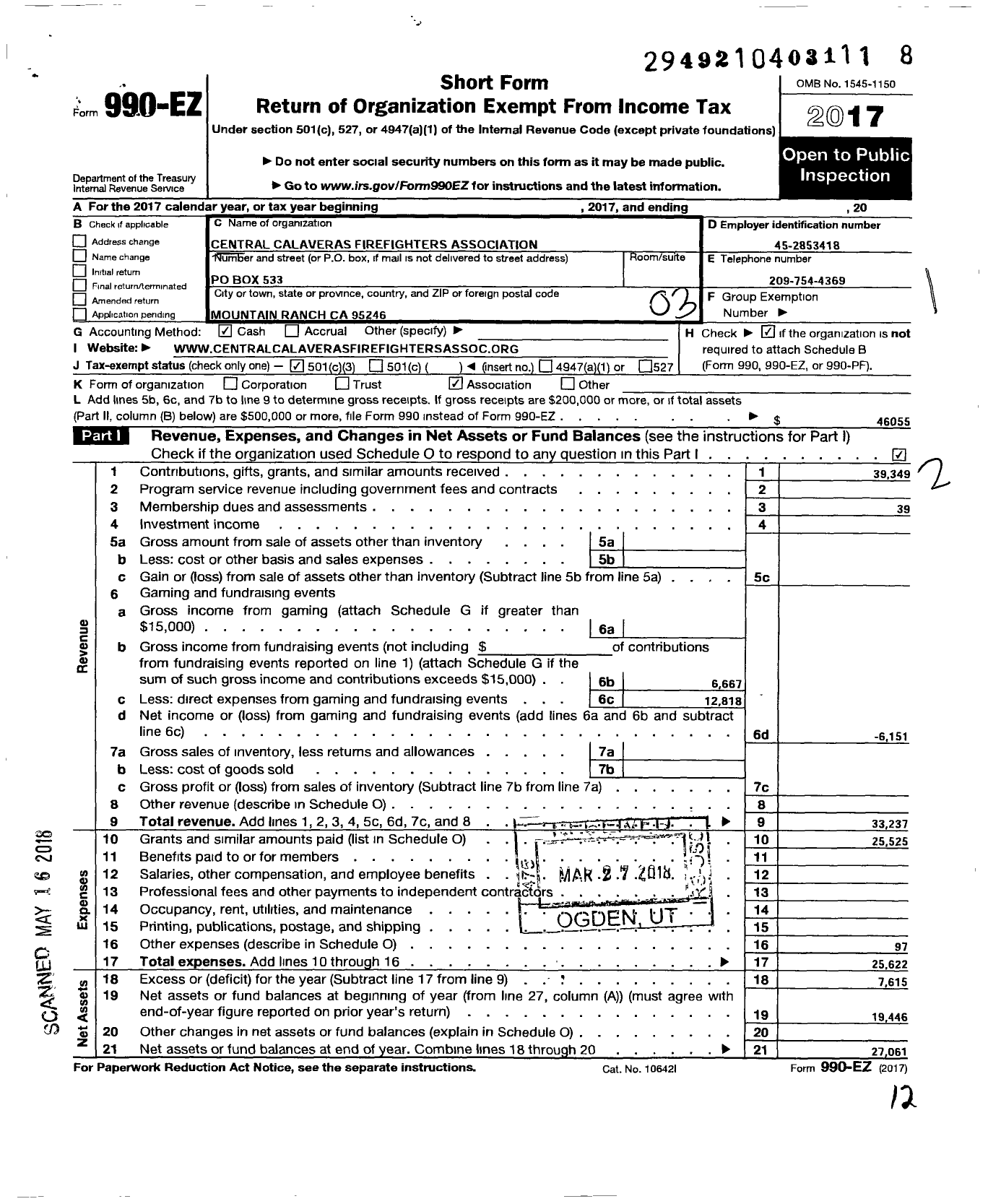 Image of first page of 2017 Form 990EZ for Central Calaveras Firefighters Association