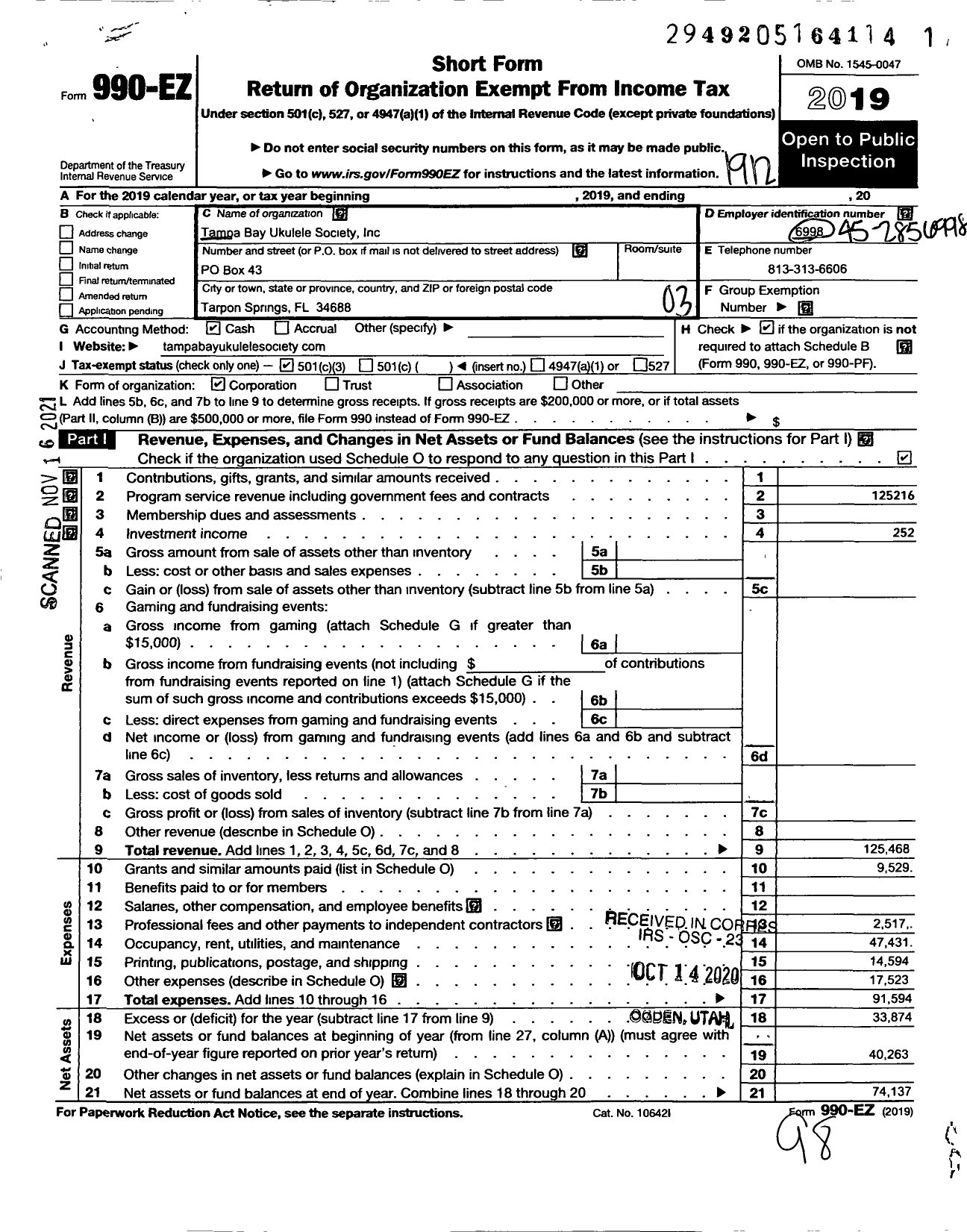 Image of first page of 2019 Form 990EZ for Tampa Bay Ukulele Society