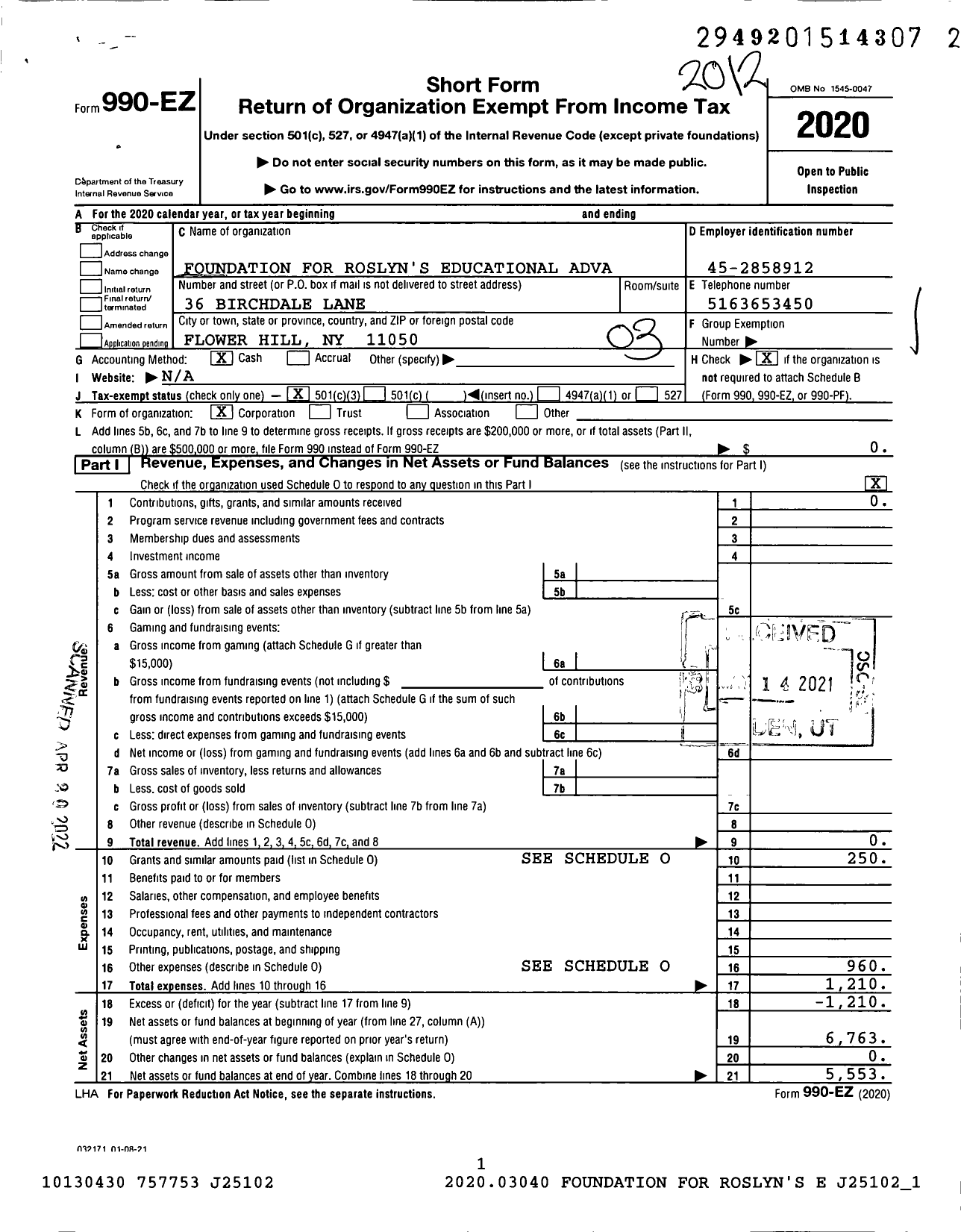 Image of first page of 2020 Form 990EZ for Foundation for Roslyn's Educational Advanceme