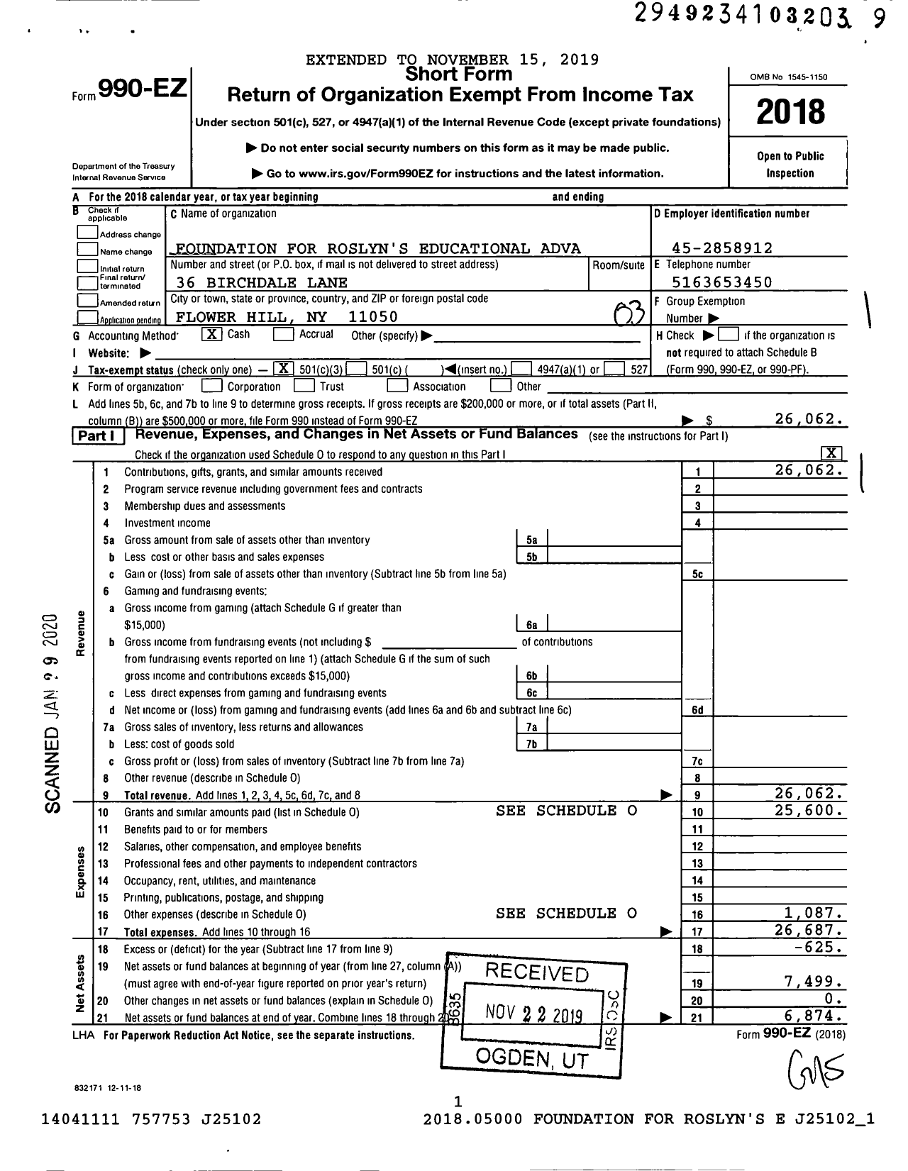 Image of first page of 2018 Form 990EZ for Foundation for Roslyn's Educational Advanceme