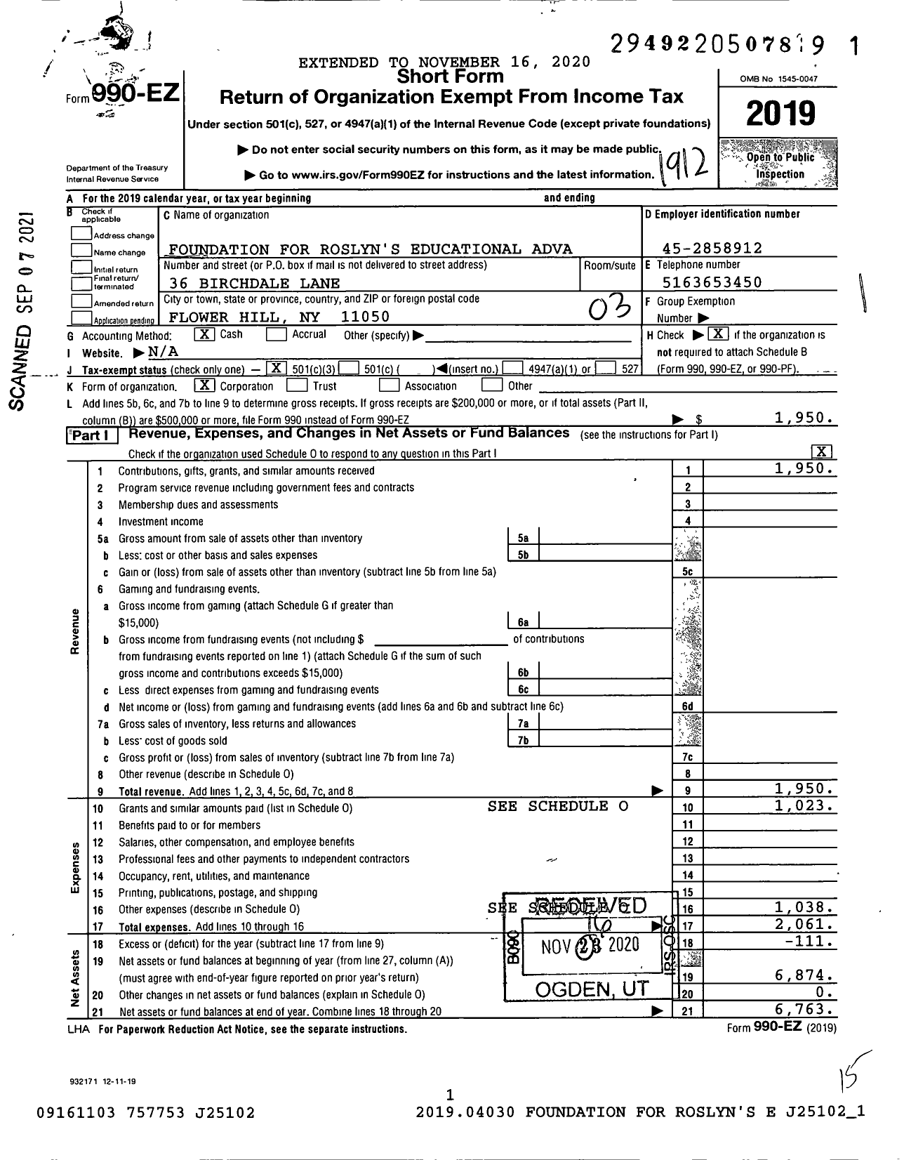 Image of first page of 2019 Form 990EZ for Foundation for Roslyn's Educational Advanceme