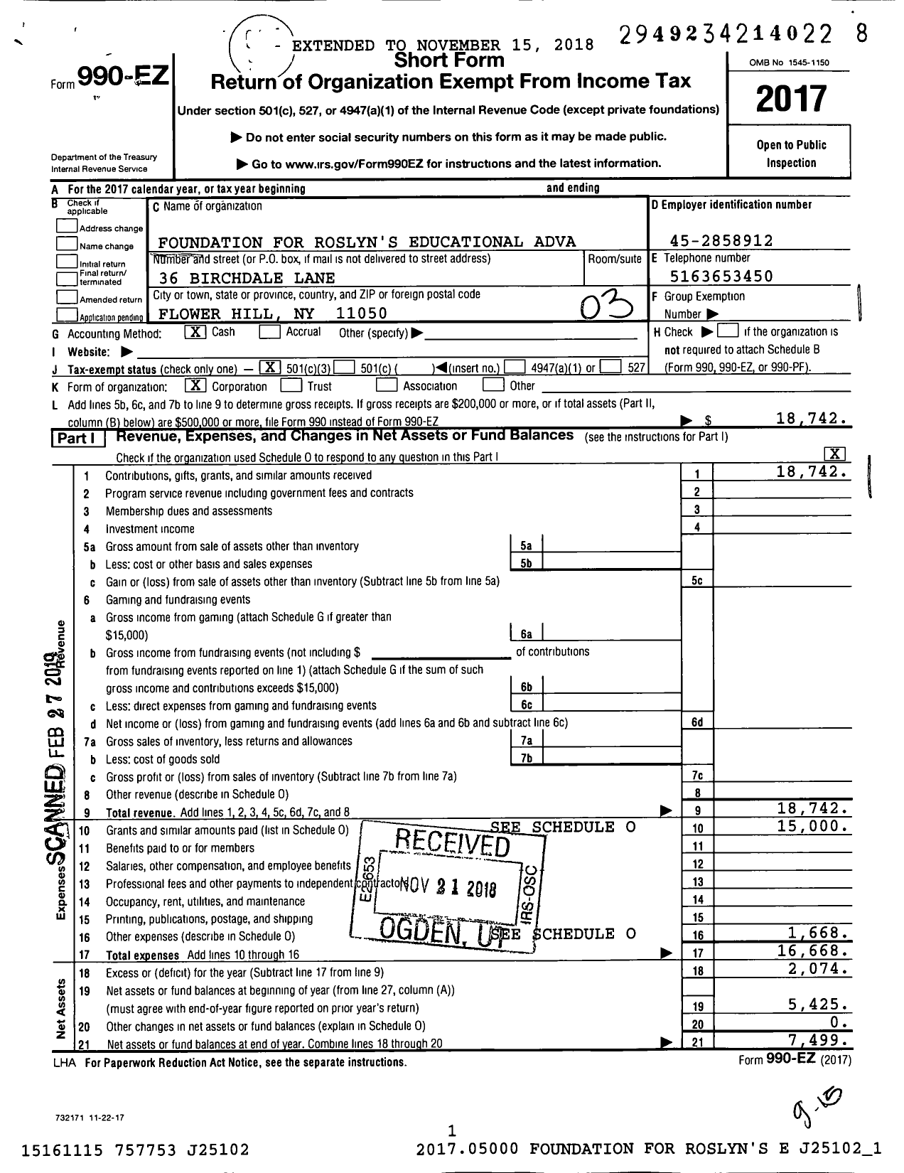 Image of first page of 2017 Form 990EZ for Foundation for Roslyn's Educational Advanceme