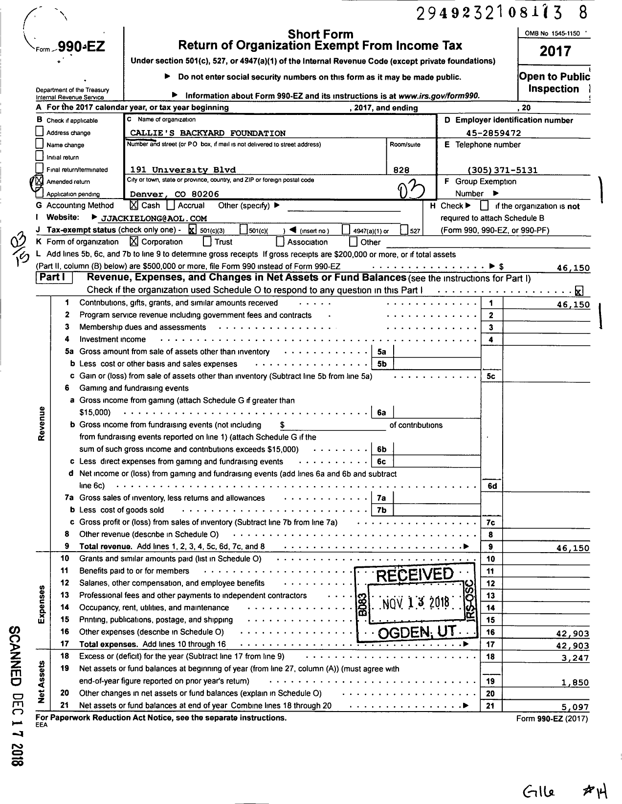 Image of first page of 2017 Form 990EZ for Callies Backyard Foundation