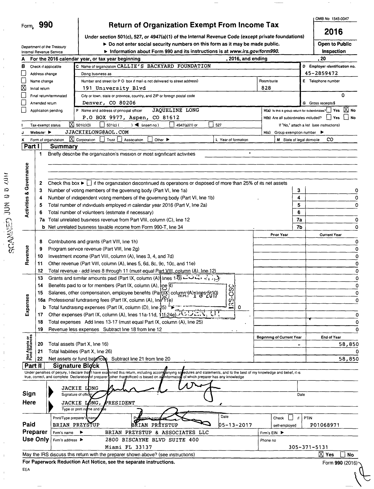 Image of first page of 2016 Form 990 for Callies Backyard Foundation