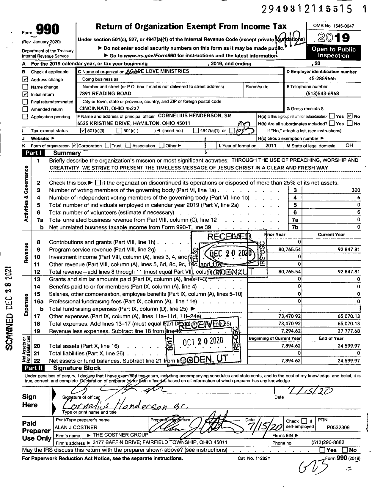 Image of first page of 2019 Form 990 for Agape Love Ministries