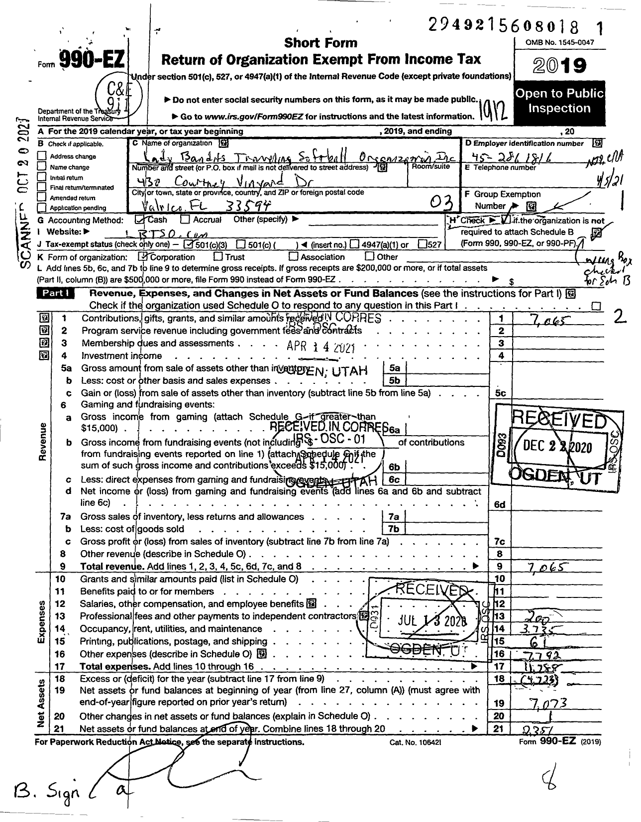 Image of first page of 2019 Form 990EZ for Lady Bandits Travel Softball Organization