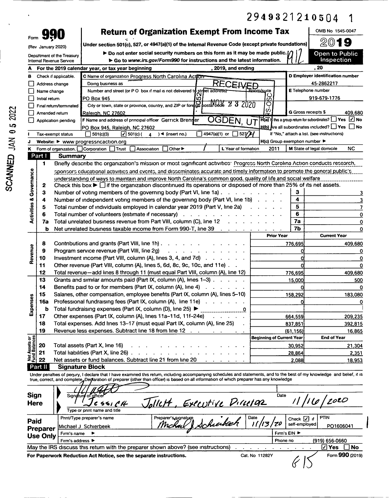 Image of first page of 2019 Form 990O for Progress North Carolina Action