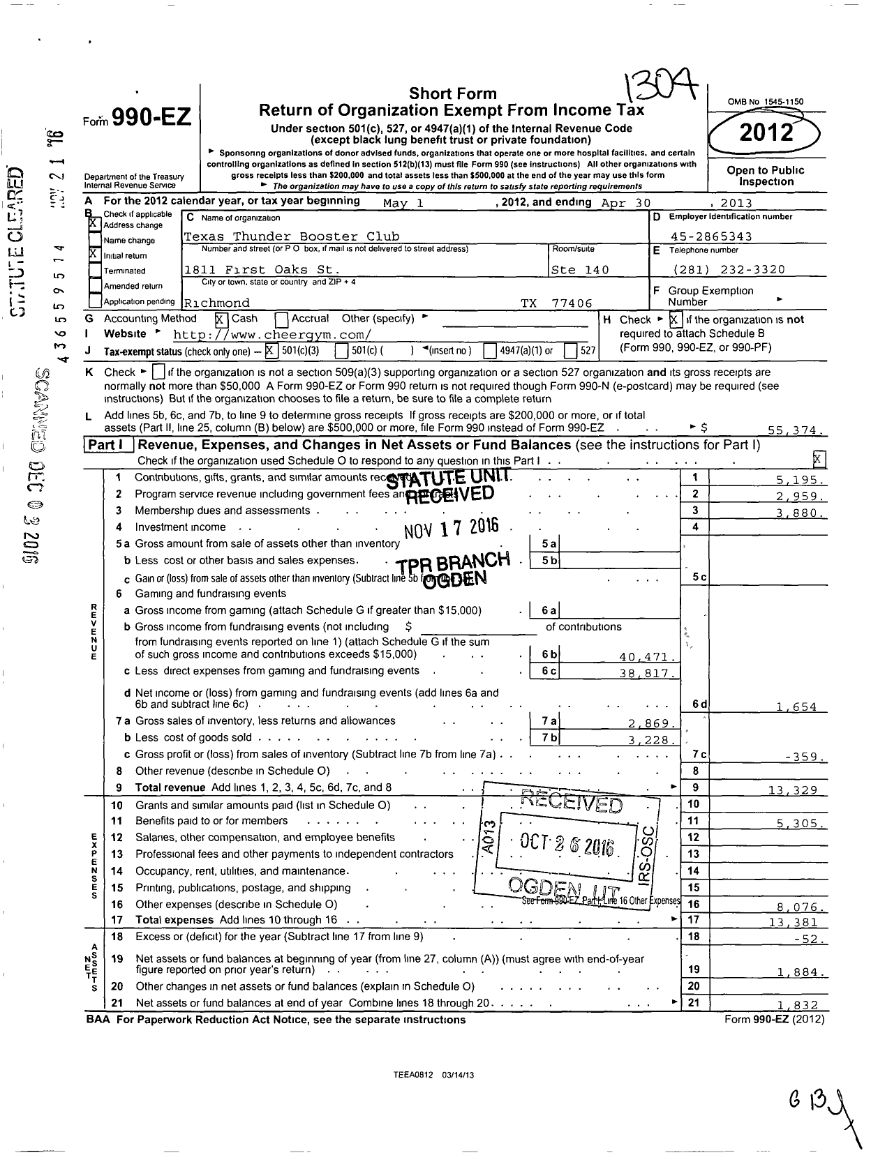 Image of first page of 2012 Form 990EZ for Texas Thunder Booster Club