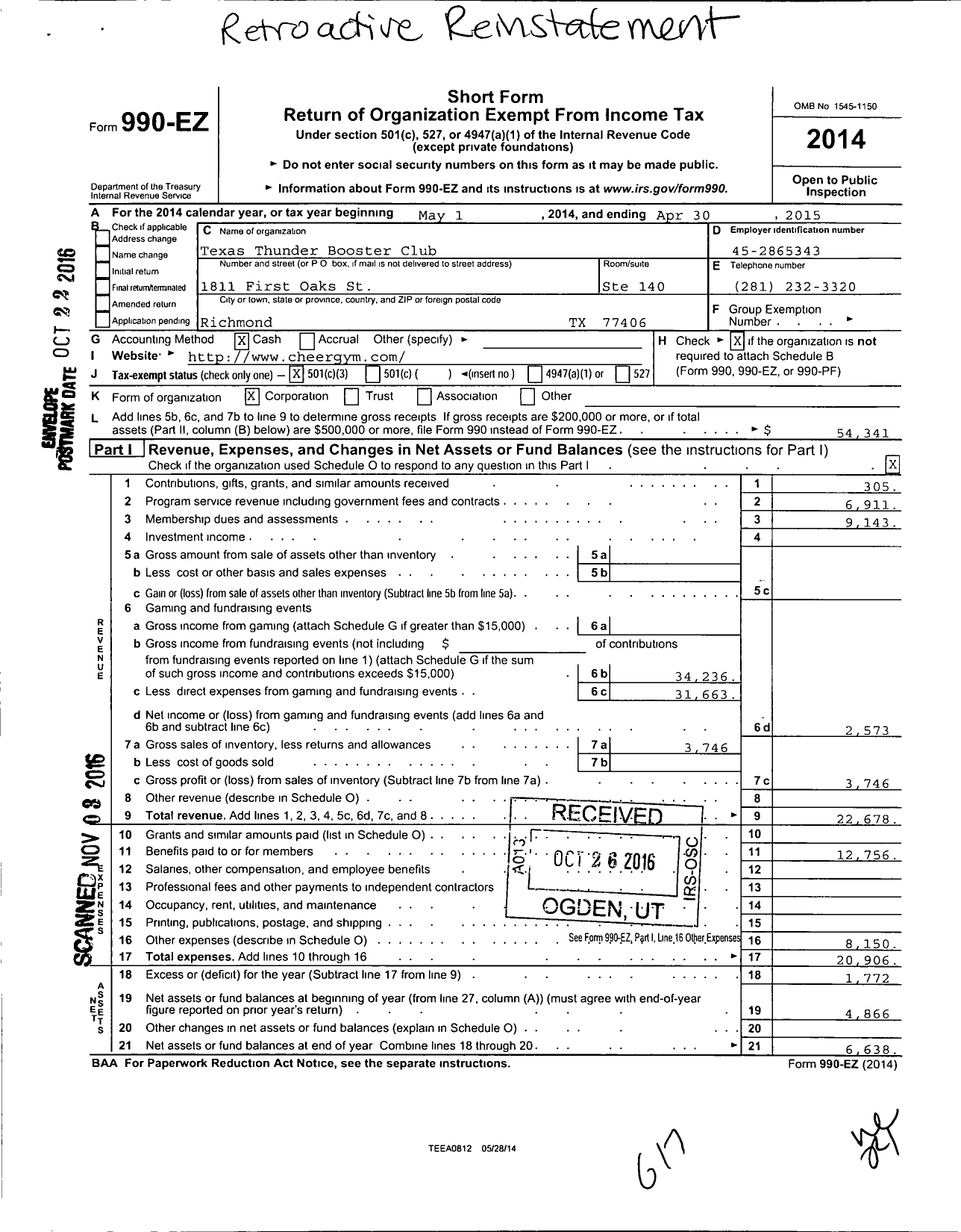 Image of first page of 2014 Form 990EZ for Texas Thunder Booster Club