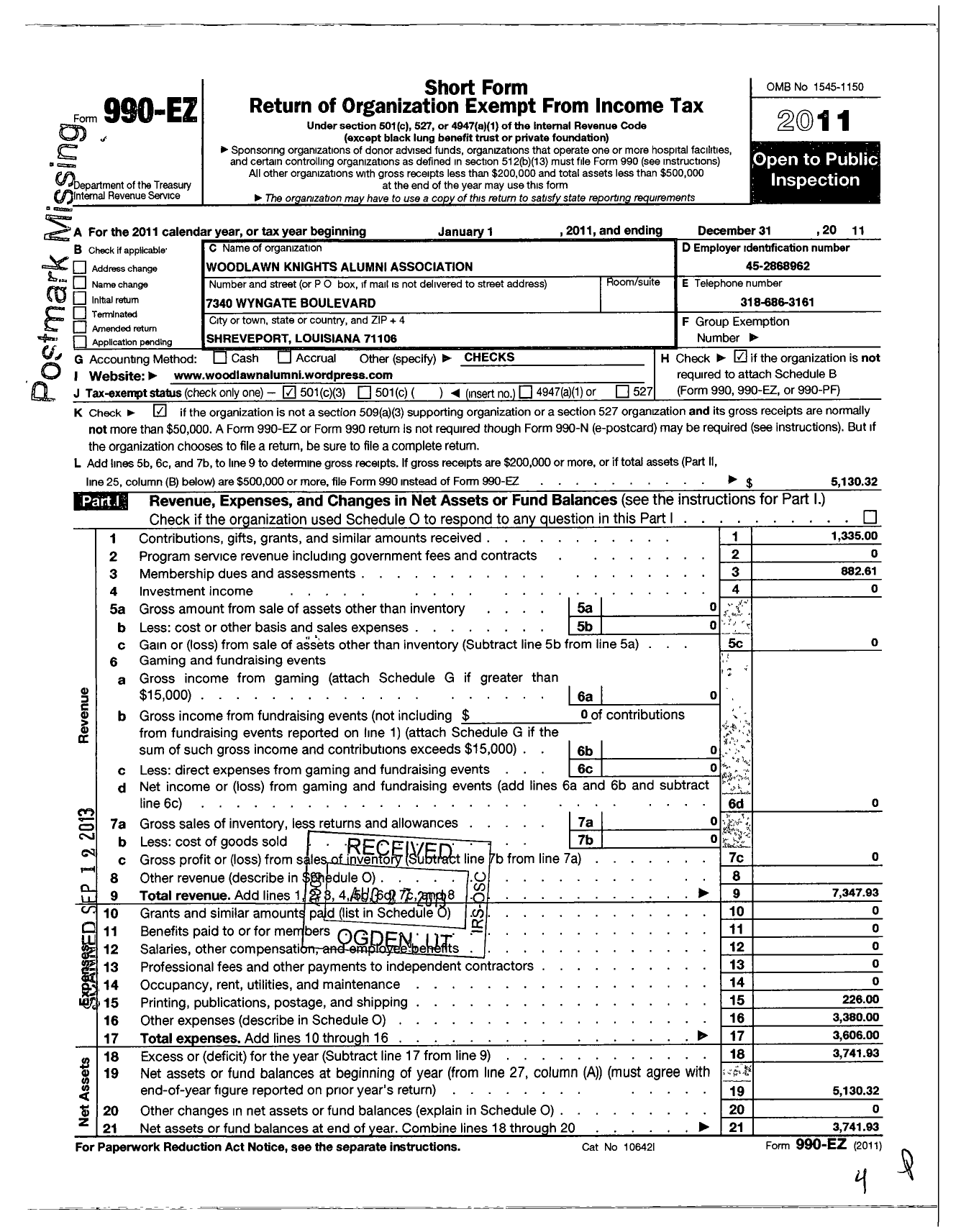 Image of first page of 2011 Form 990EZ for Woodlawn Knights Alumni Association