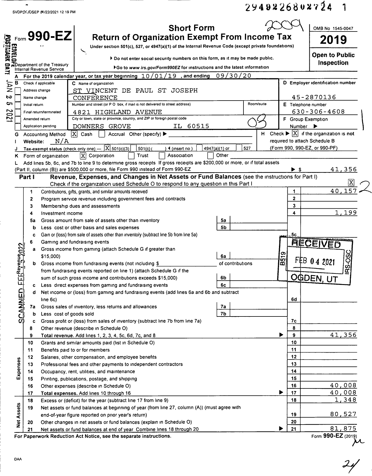 Image of first page of 2019 Form 990EZ for St Vincent de Paul St Joseph Conference