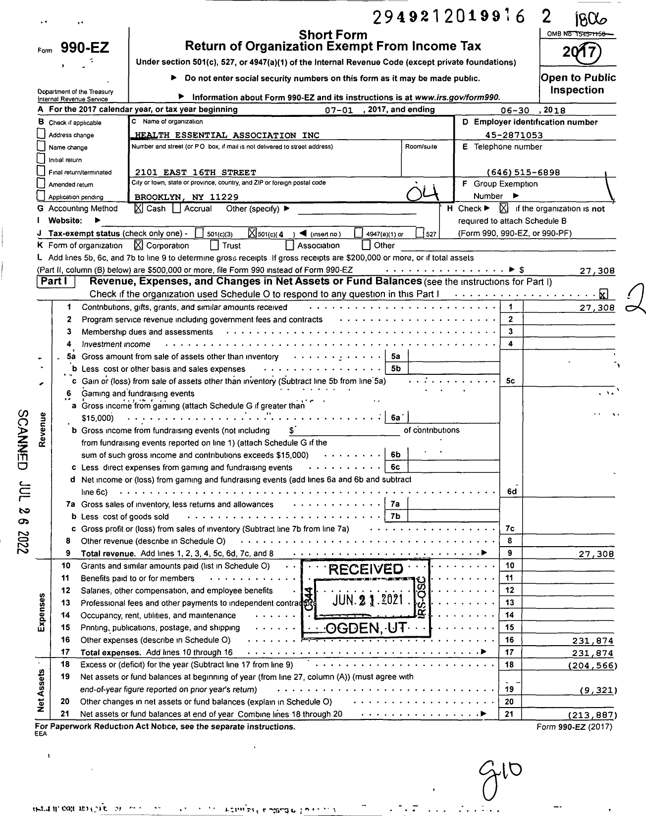 Image of first page of 2017 Form 990EO for Health Essential Association