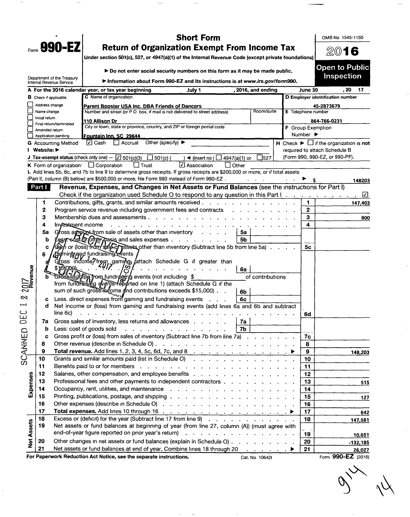 Image of first page of 2016 Form 990EZ for Parent Booster USA / Friends of Dancers