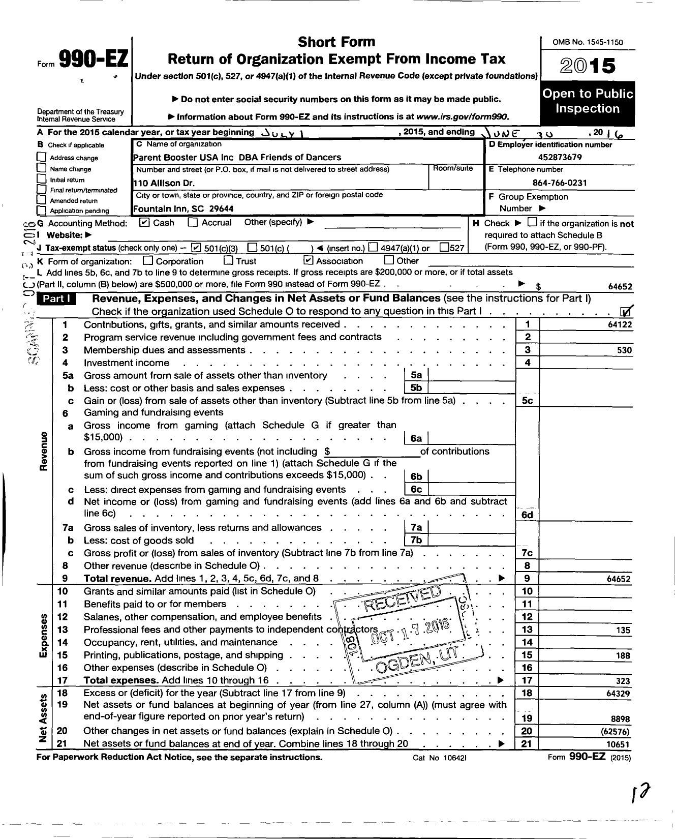 Image of first page of 2015 Form 990EZ for Parent Booster USA / Friends of Dancers