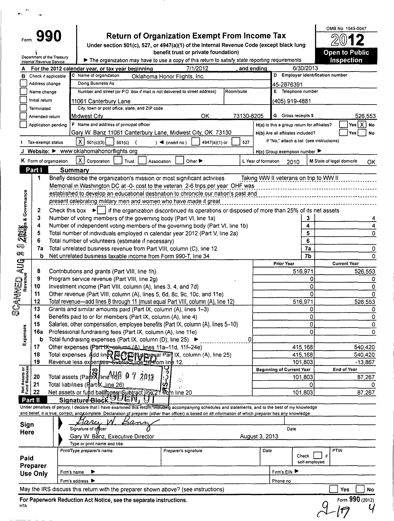 Image of first page of 2012 Form 990 for Oklahoma Honor Flights