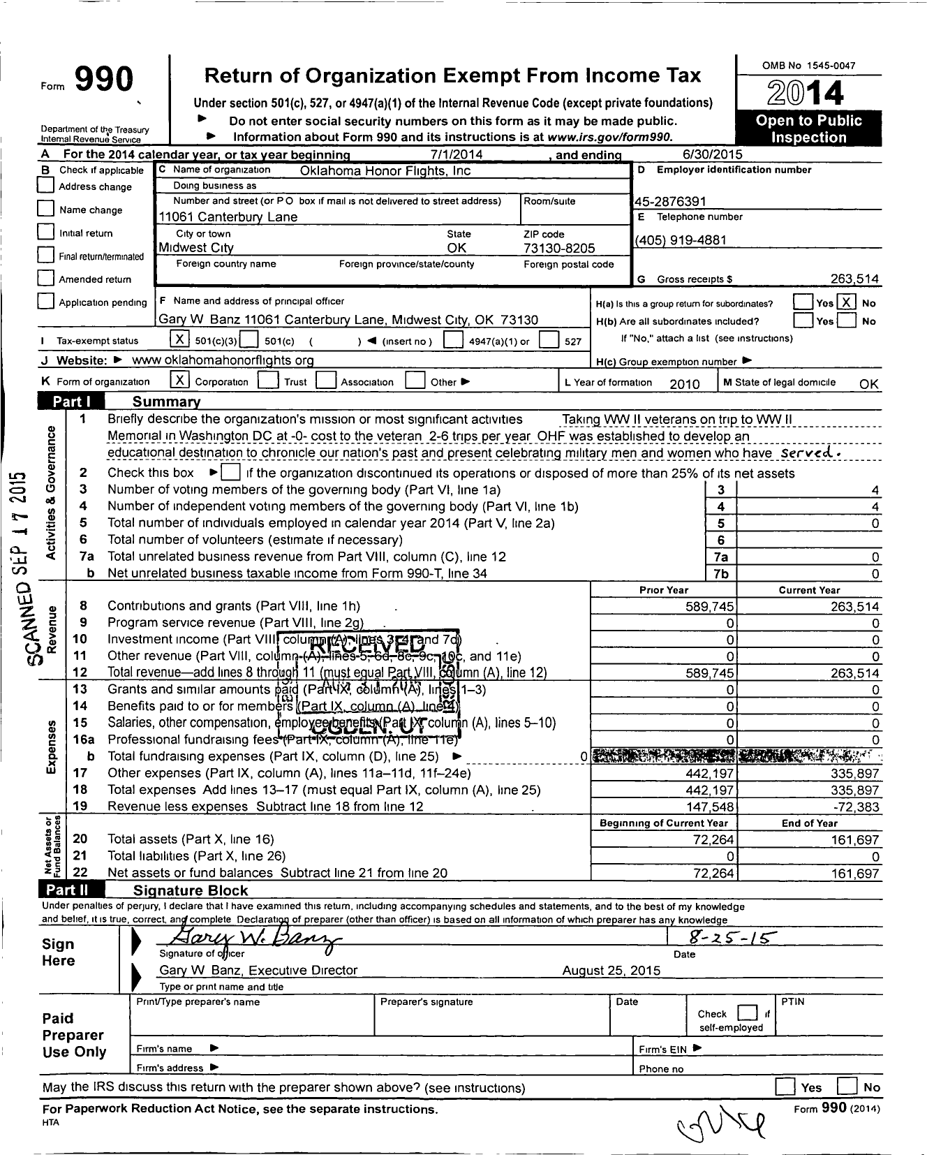 Image of first page of 2014 Form 990 for Oklahoma Honor Flights