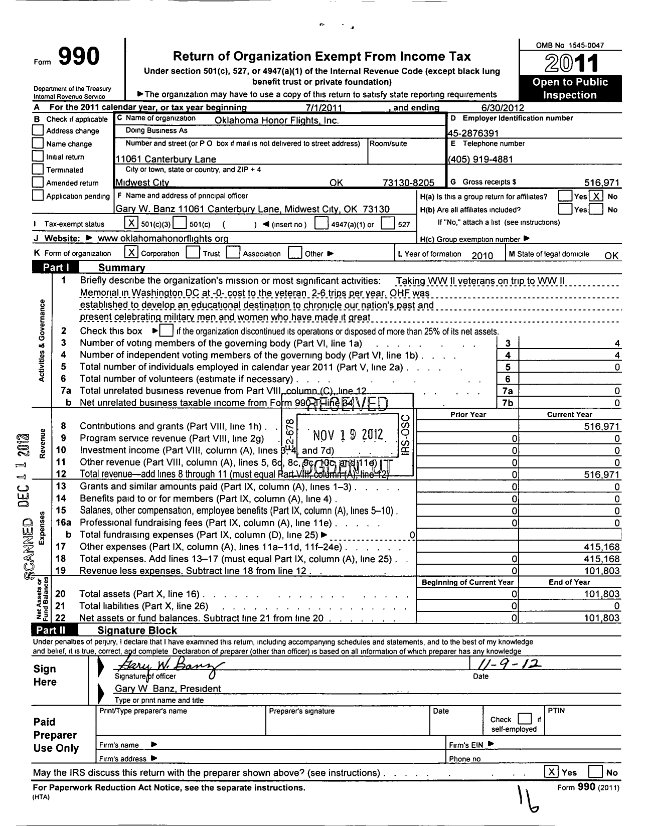 Image of first page of 2011 Form 990 for Oklahoma Honor Flights