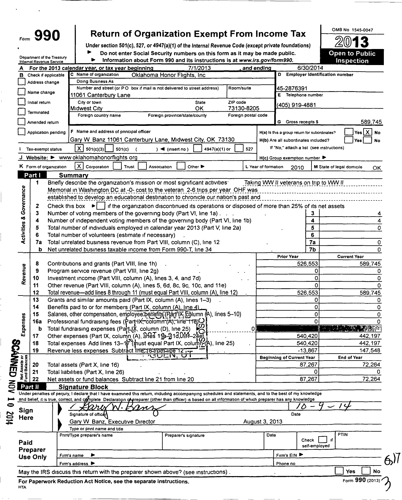 Image of first page of 2013 Form 990 for Oklahoma Honor Flights