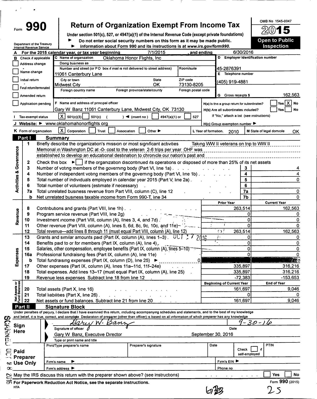 Image of first page of 2015 Form 990 for Oklahoma Honor Flights