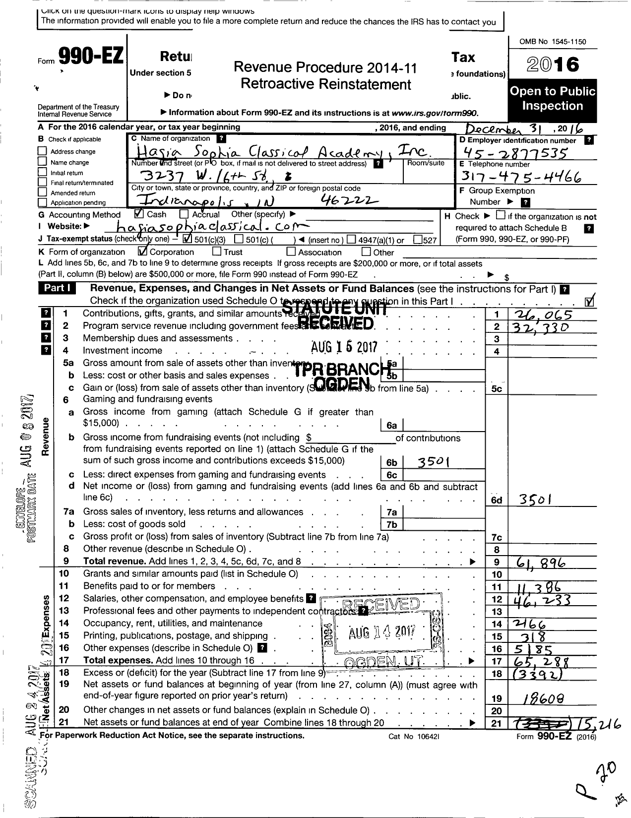 Image of first page of 2016 Form 990EZ for Hagia Sophia Classical Academy