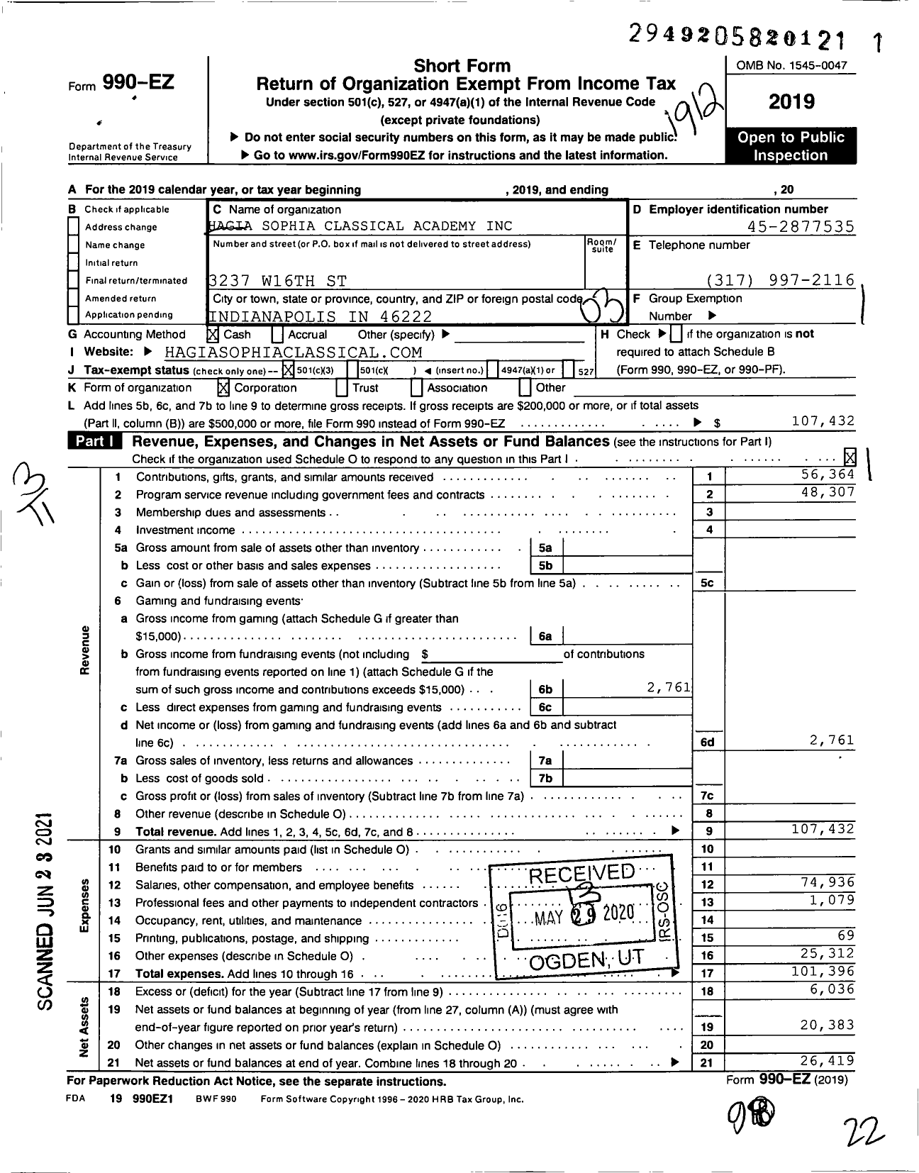 Image of first page of 2019 Form 990EZ for Hagia Sophia Classical Academy