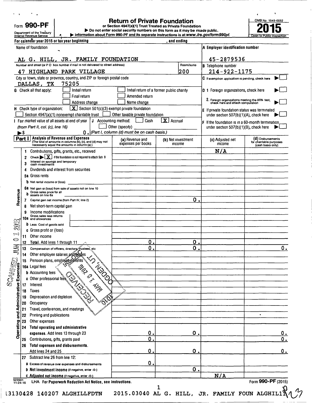 Image of first page of 2015 Form 990PF for The Trinity Family Foundation