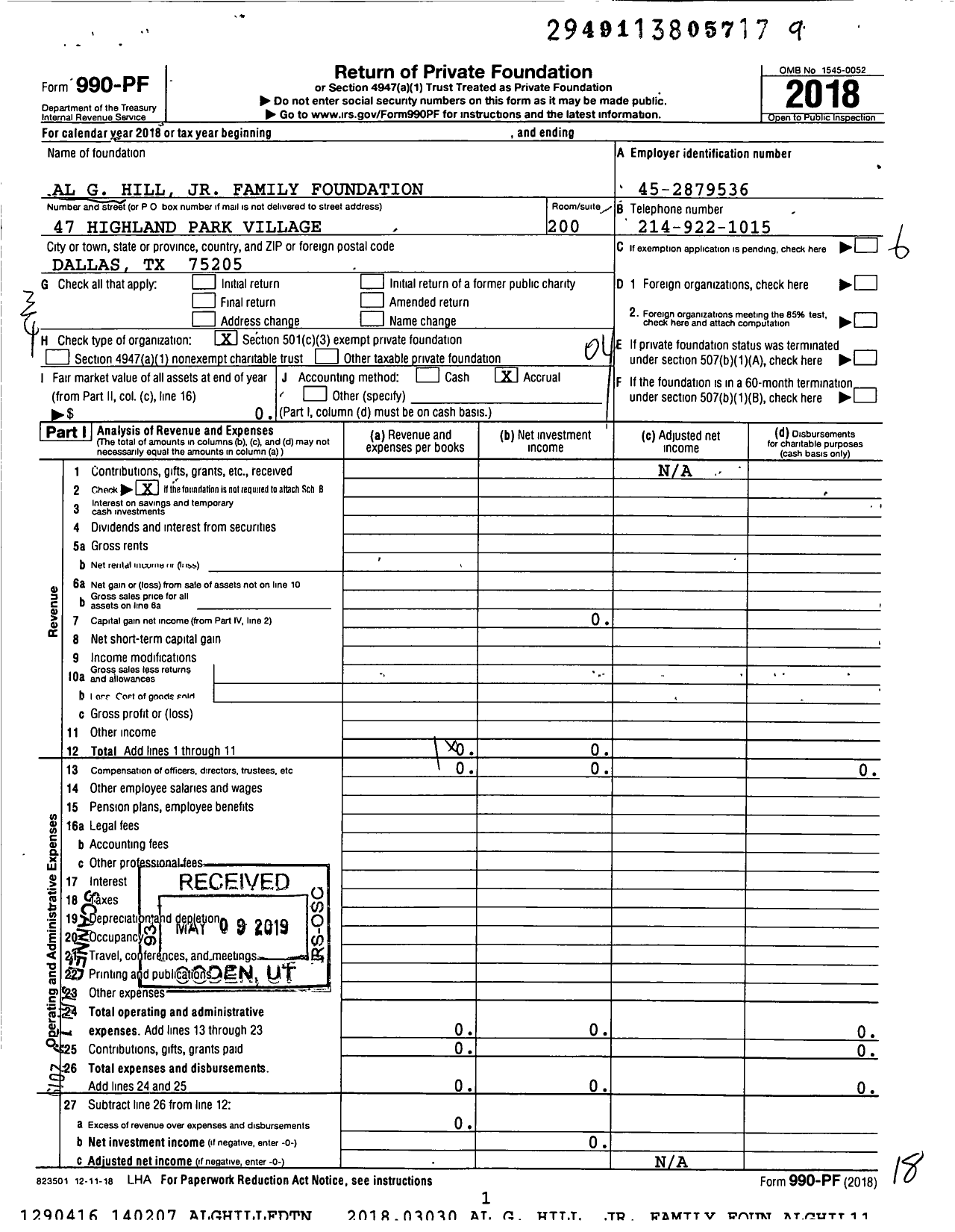 Image of first page of 2018 Form 990PF for The Trinity Family Foundation