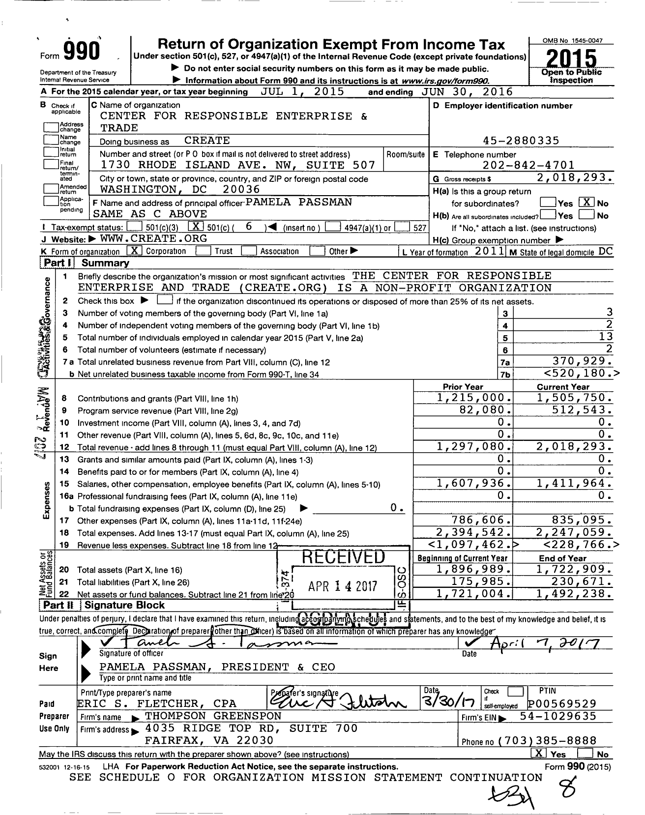 Image of first page of 2015 Form 990O for Center for Responsible Enterprise and Trade