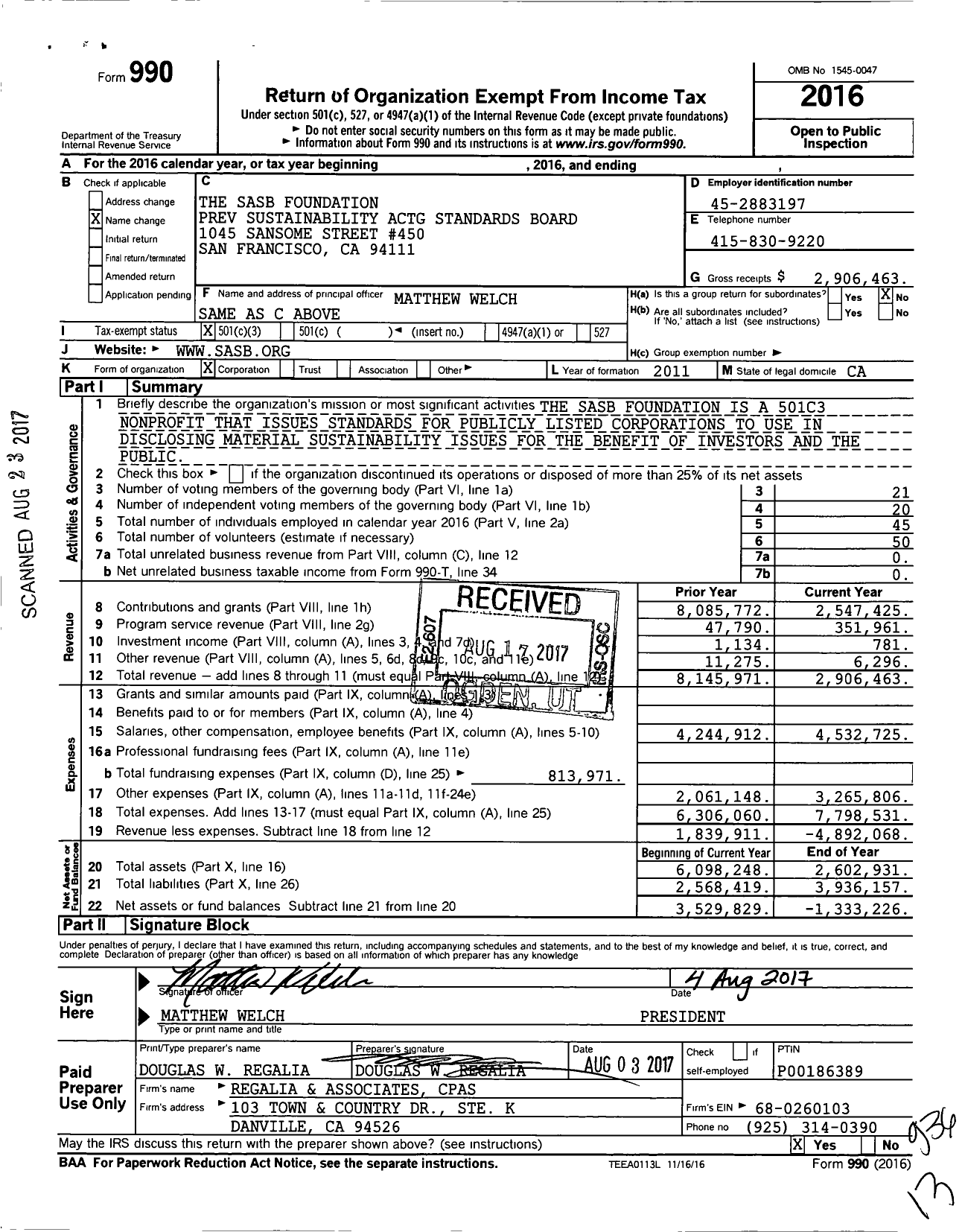 Image of first page of 2016 Form 990 for Value Reporting Foundation
