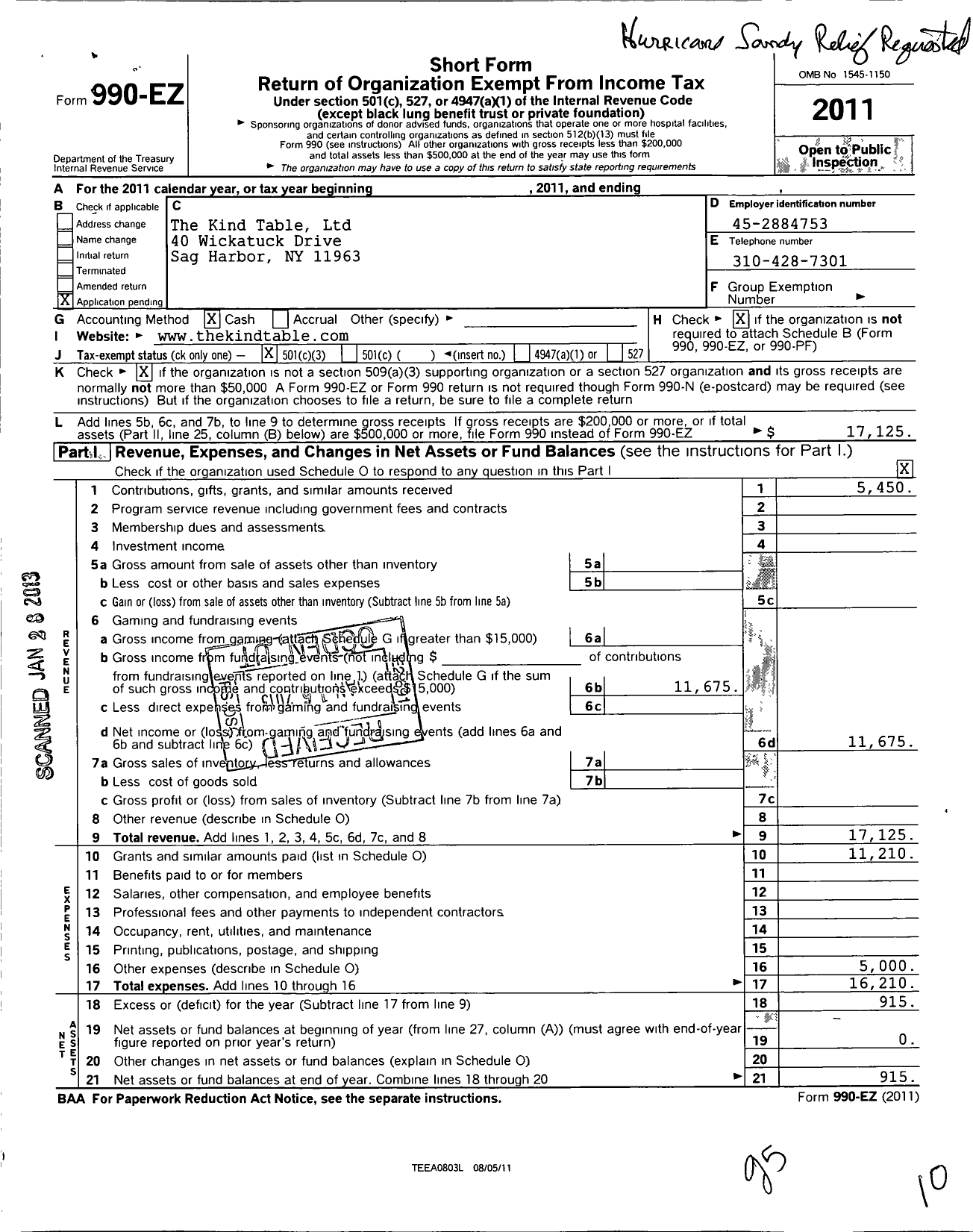 Image of first page of 2011 Form 990EZ for The Kind Table