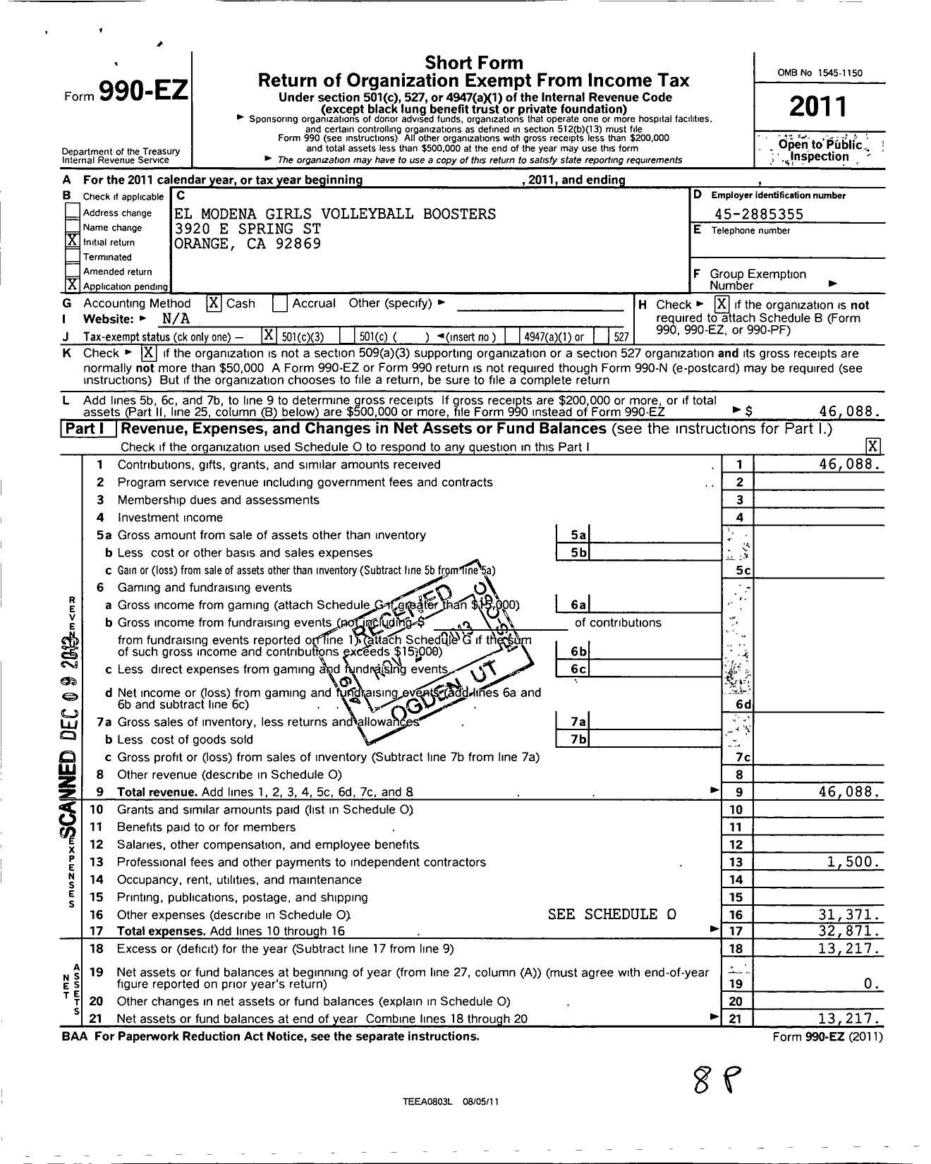 Image of first page of 2011 Form 990EZ for El Modena Girls Volleyball Boosters