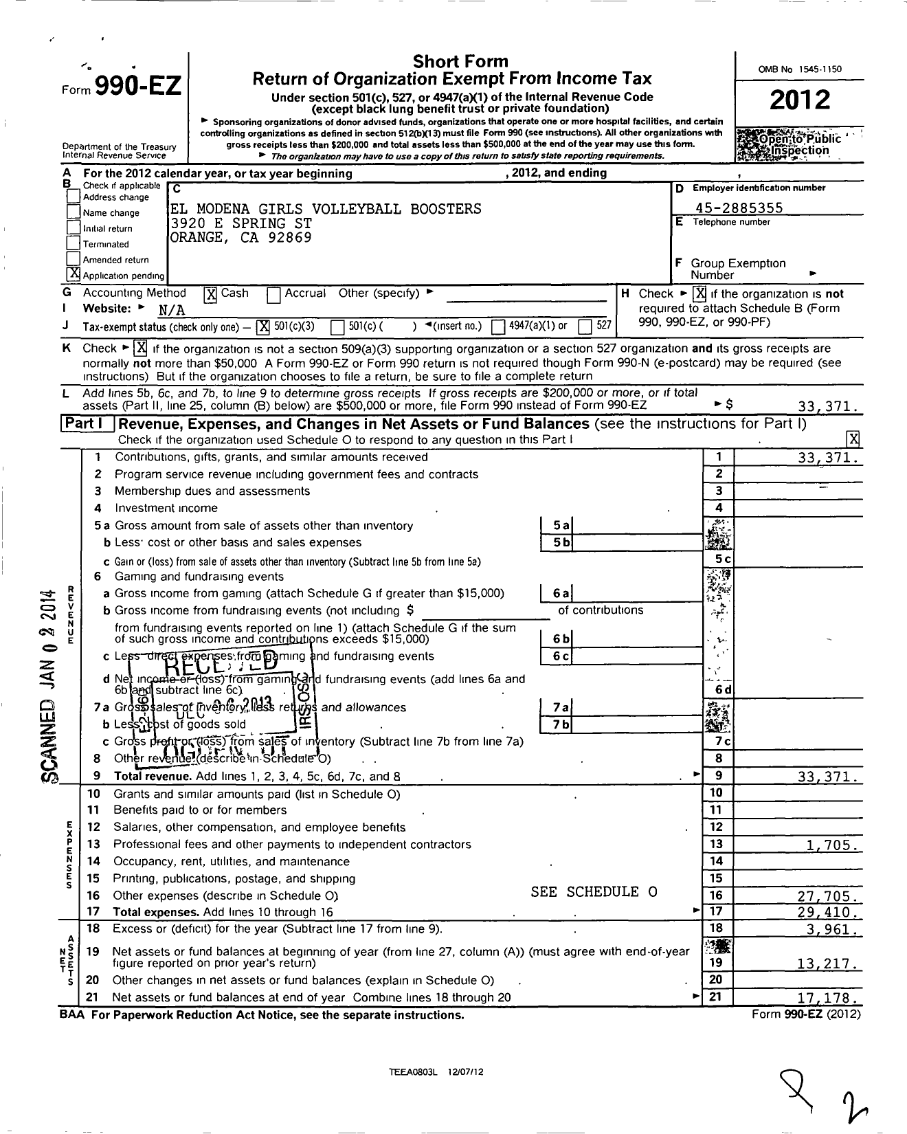 Image of first page of 2012 Form 990EZ for El Modena Girls Volleyball Boosters