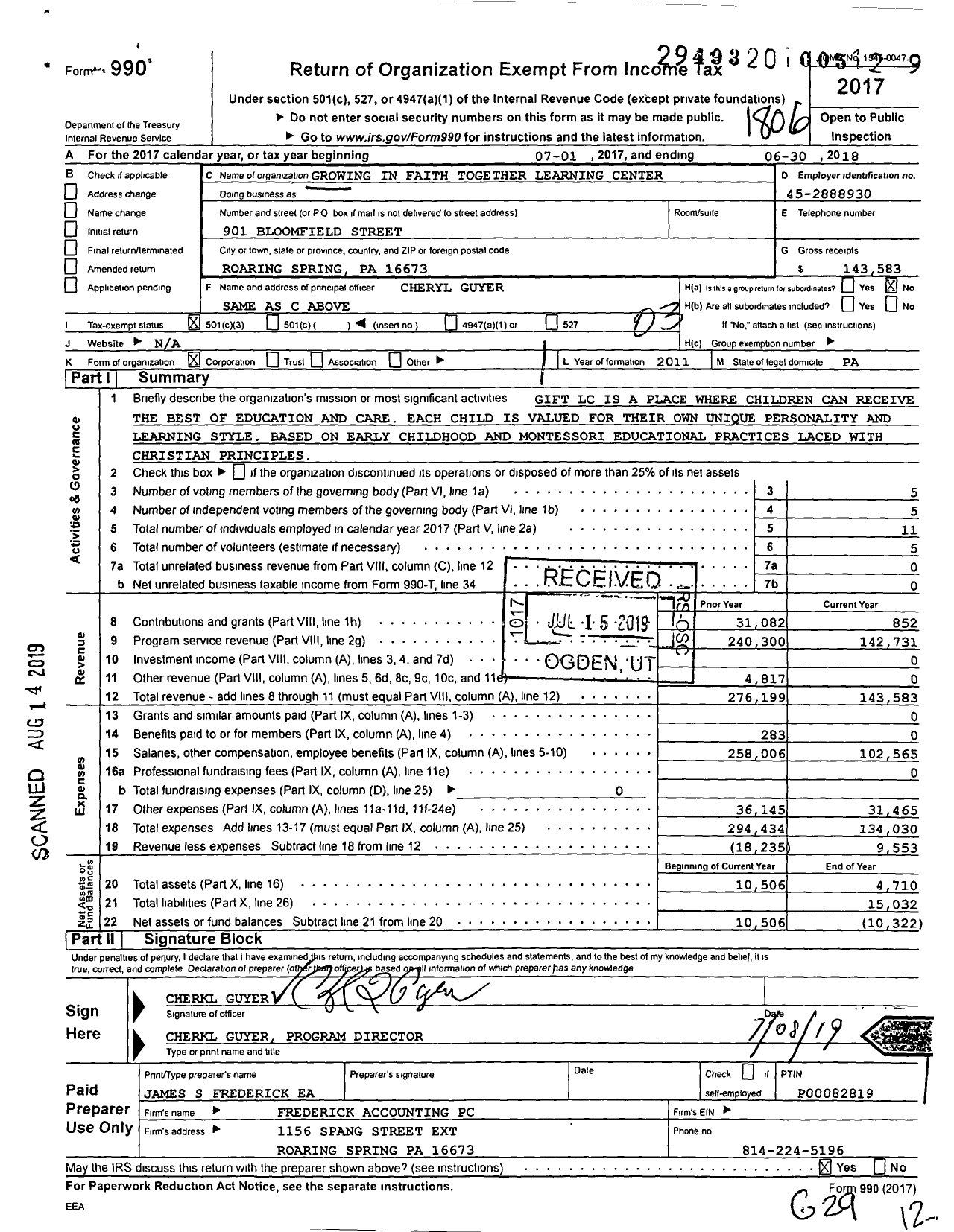 Image of first page of 2017 Form 990 for Growing in Faith Together Learning Center