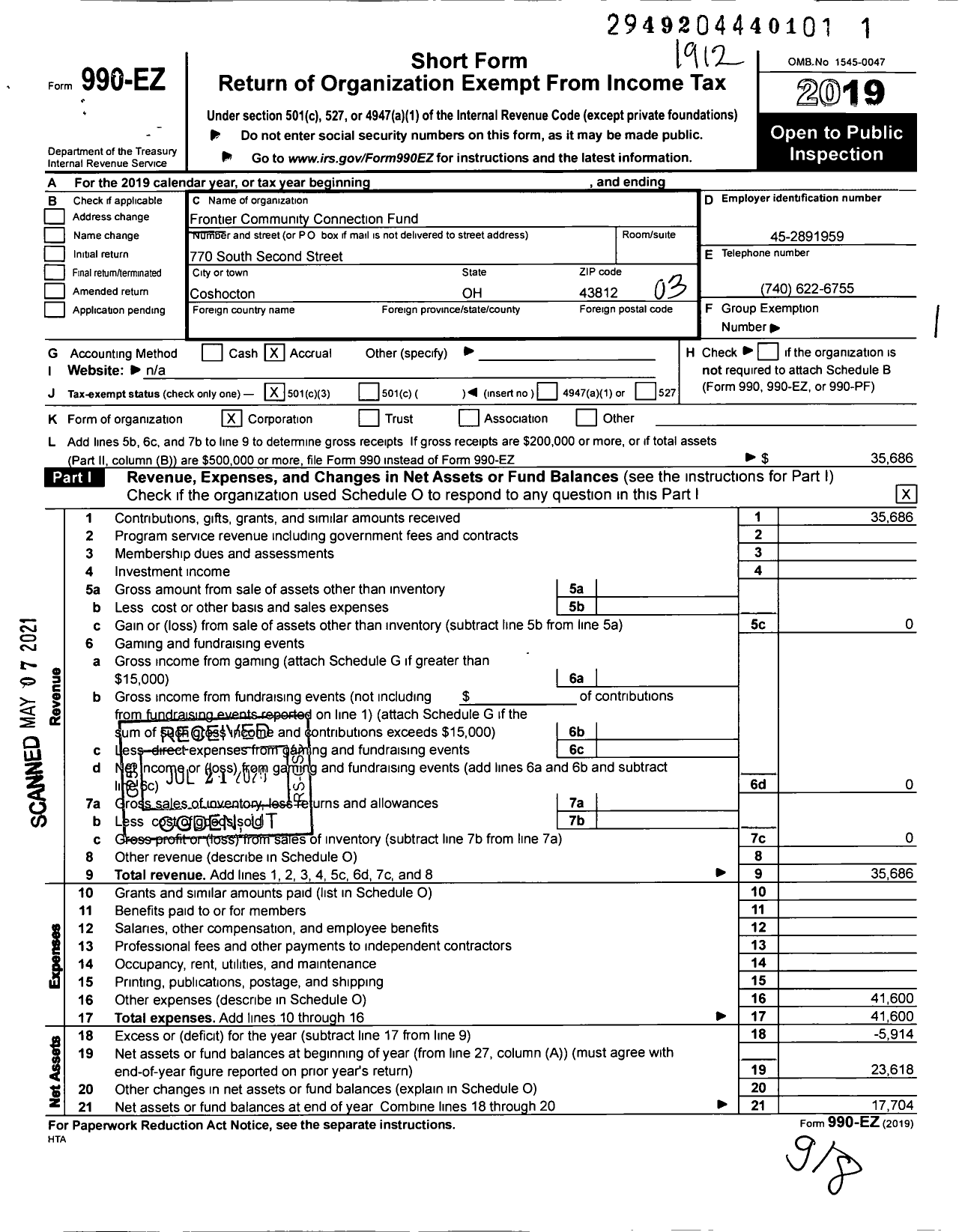 Image of first page of 2019 Form 990EZ for Frontier Community Connection Fund