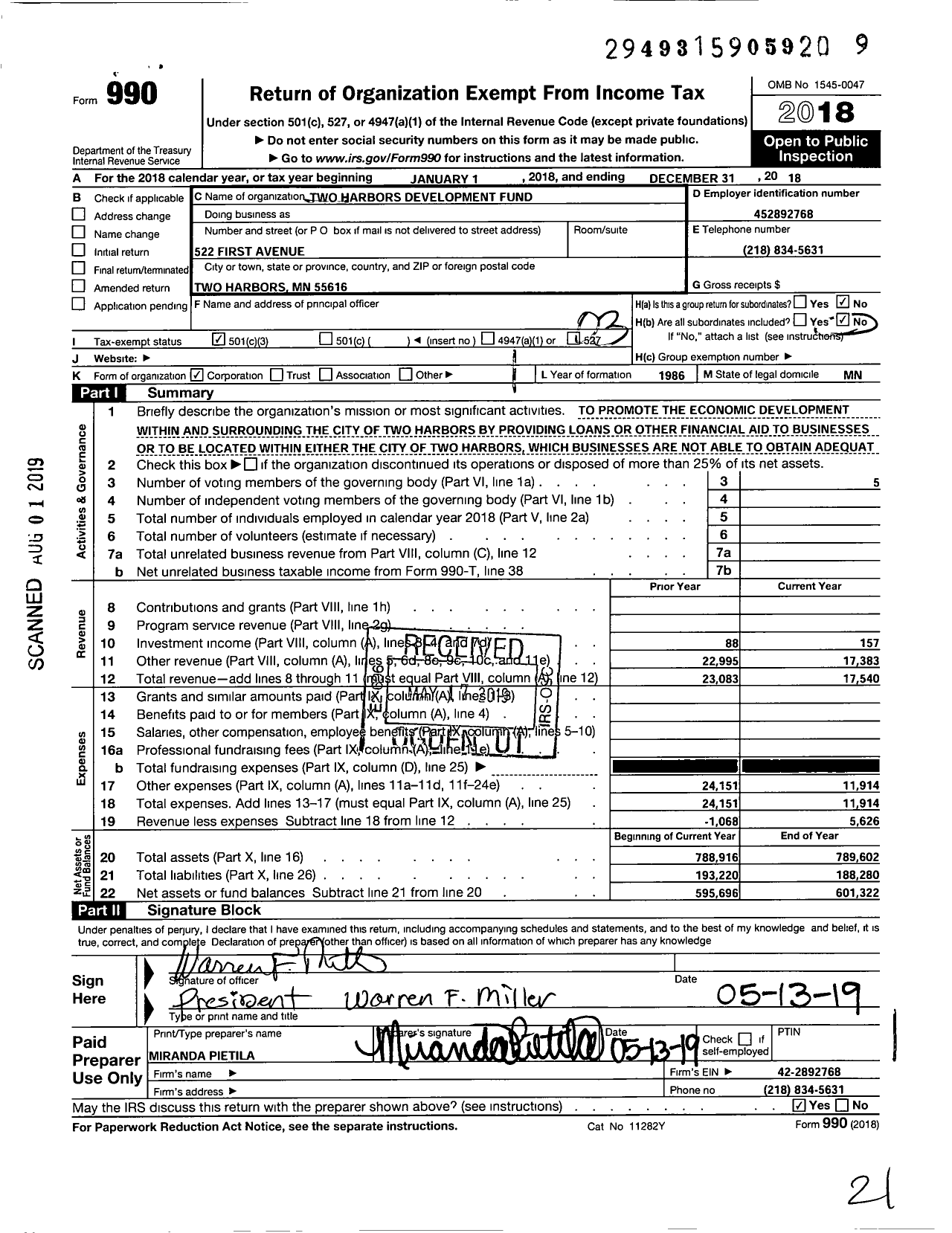 Image of first page of 2018 Form 990 for Two Harbors Development Fund