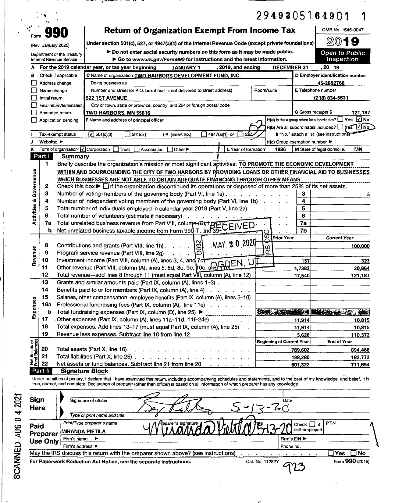 Image of first page of 2019 Form 990 for Two Harbors Development Fund