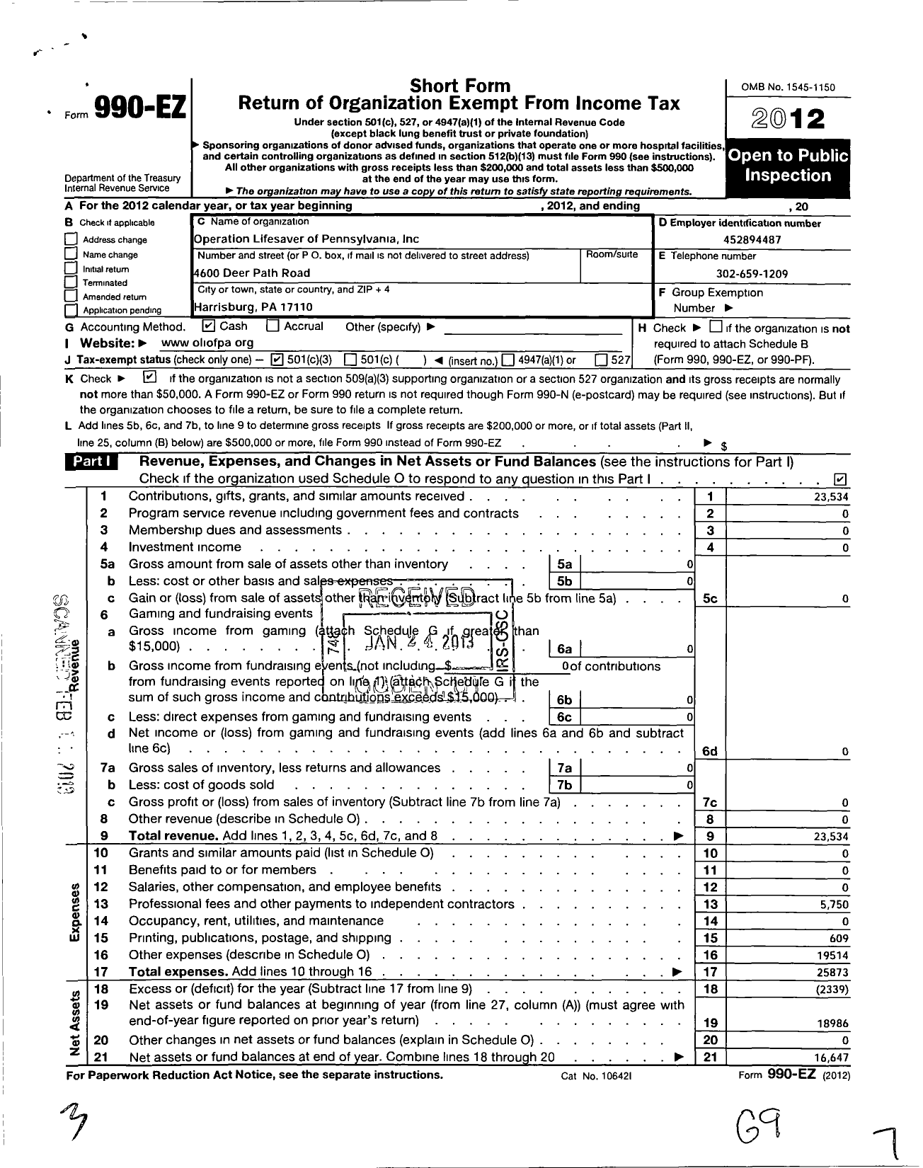 Image of first page of 2012 Form 990EZ for Operation Lifesaver of Pennsylvania