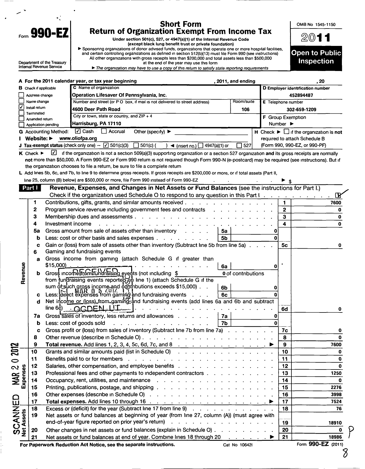 Image of first page of 2011 Form 990EZ for Operation Lifesaver of Pennsylvania