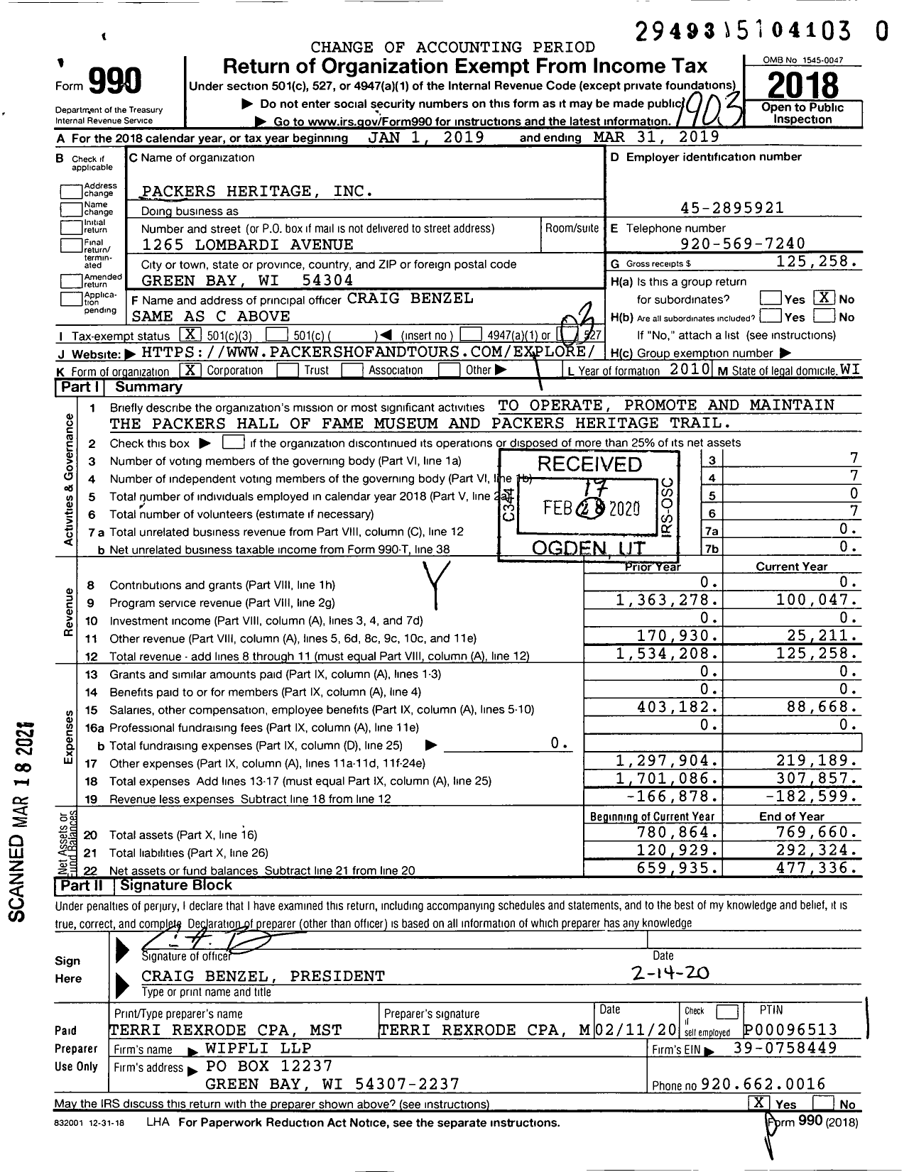 Image of first page of 2018 Form 990 for Packers Heritage