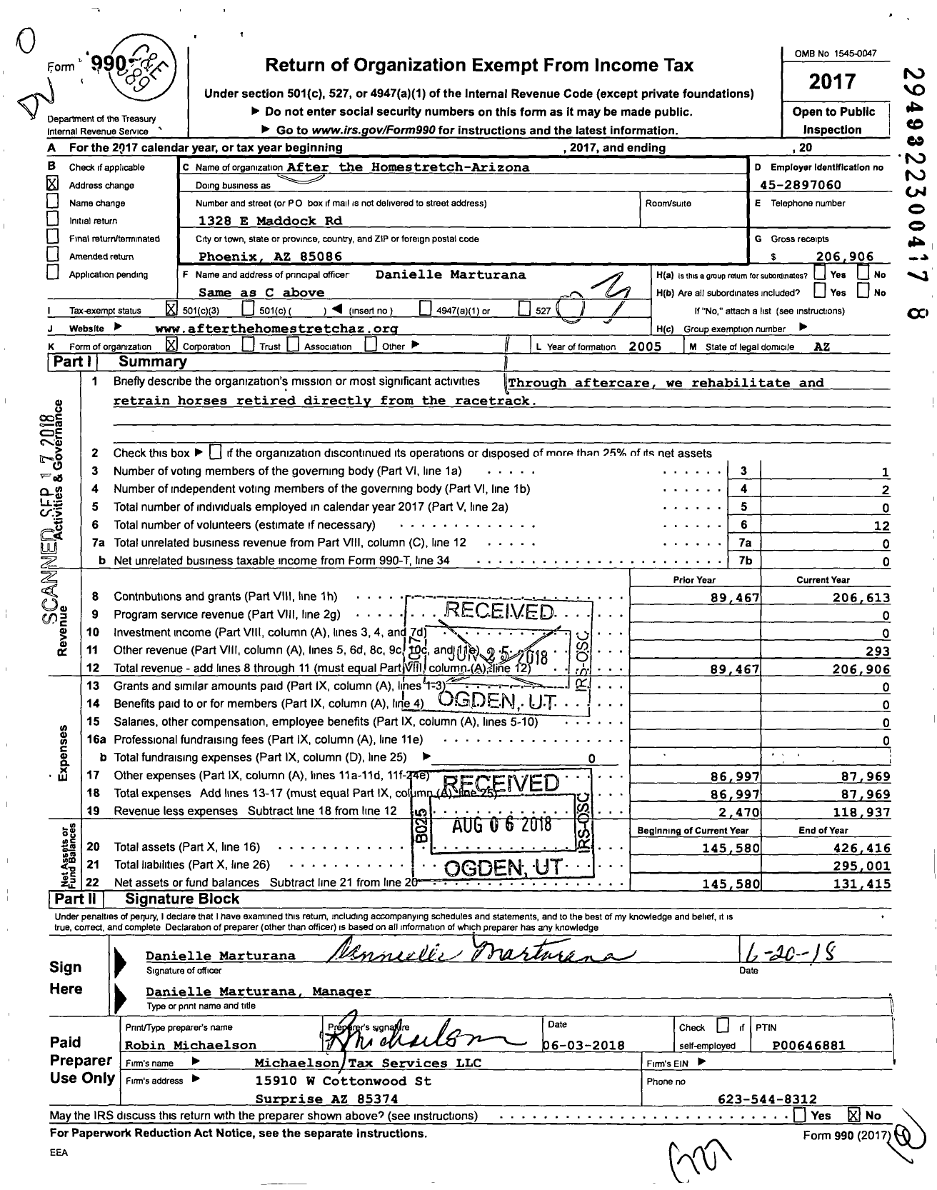 Image of first page of 2017 Form 990 for After the Homestretch-Arizona