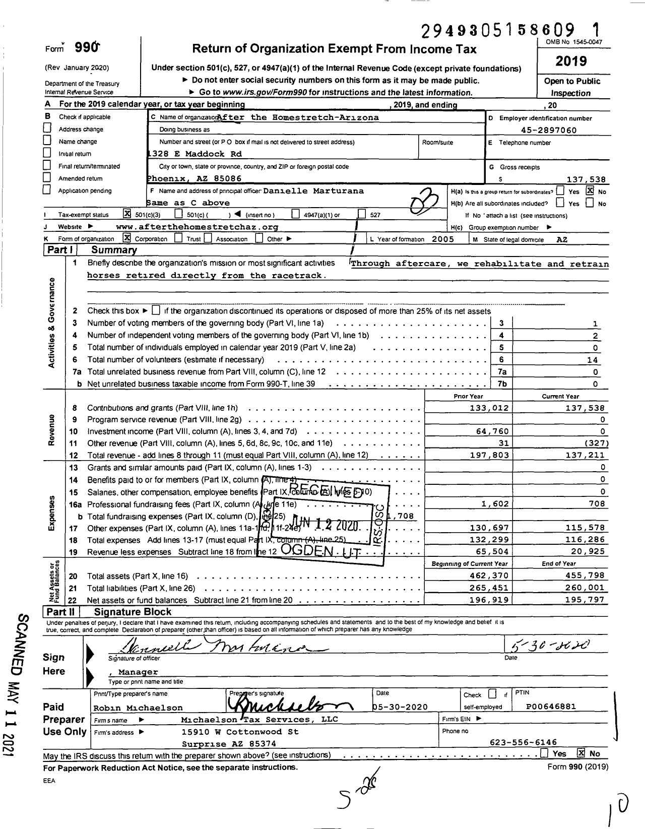 Image of first page of 2019 Form 990 for After the Homestretch-Arizona