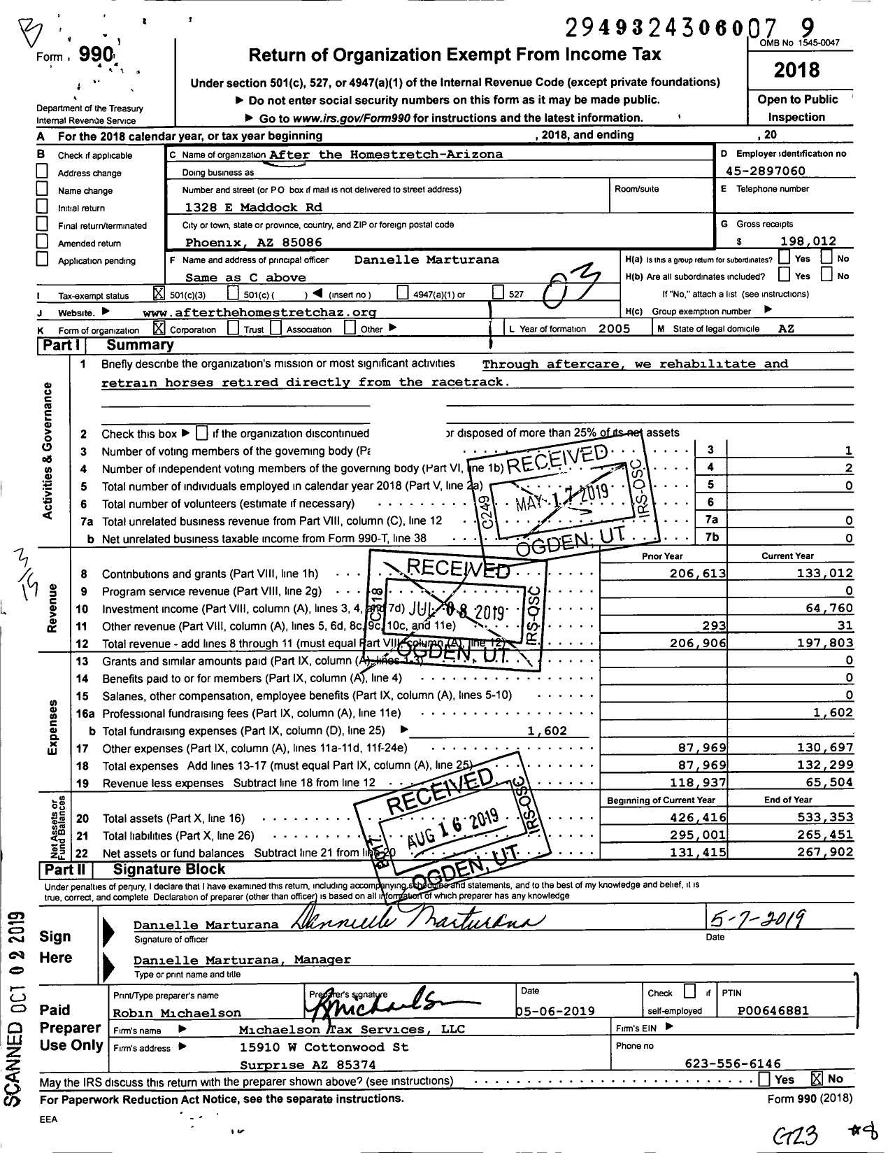 Image of first page of 2018 Form 990 for After the Homestretch-Arizona