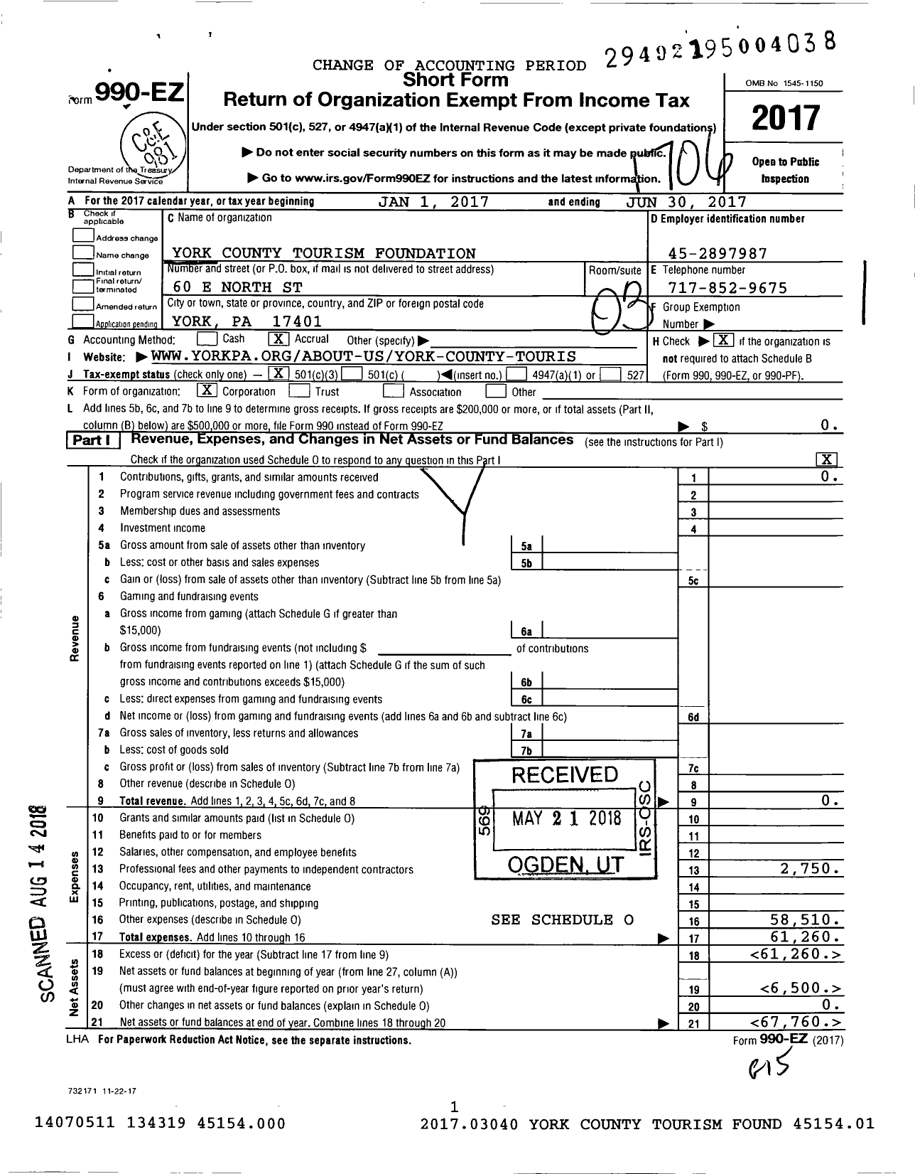 Image of first page of 2016 Form 990EZ for York County Tourism Foundation