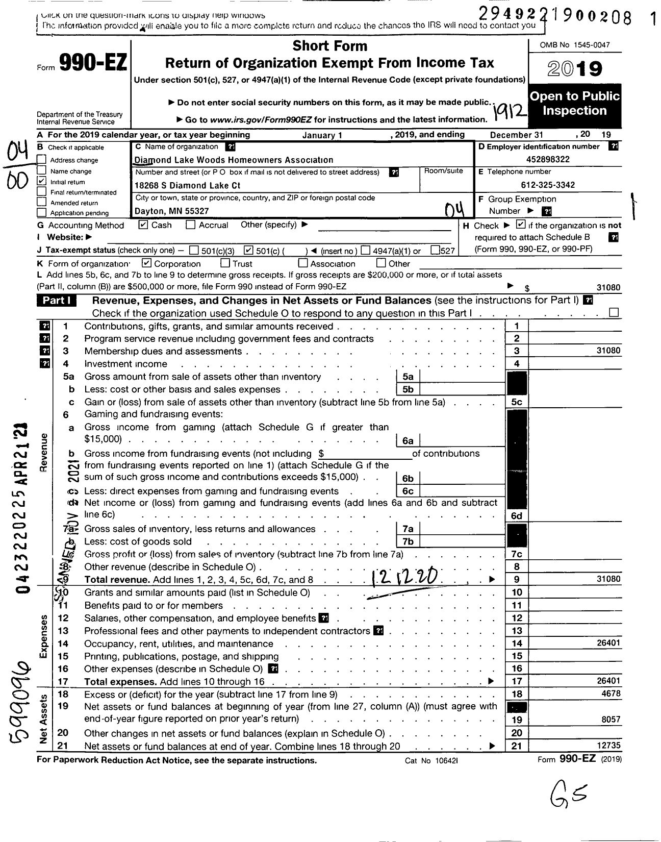 Image of first page of 2019 Form 990EO for Diamond Lake woods Homeowners Association