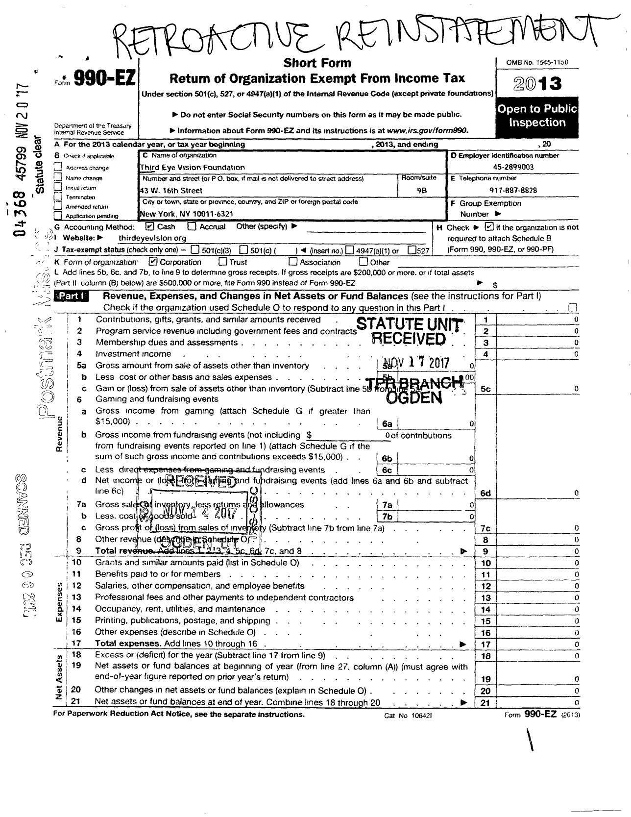 Image of first page of 2013 Form 990EO for Thirdeyevision Foundation