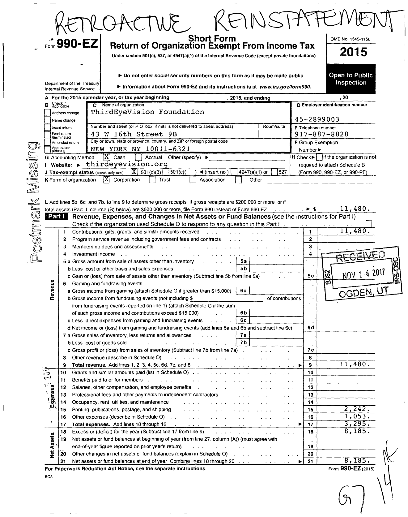 Image of first page of 2015 Form 990EZ for Thirdeyevision Foundation