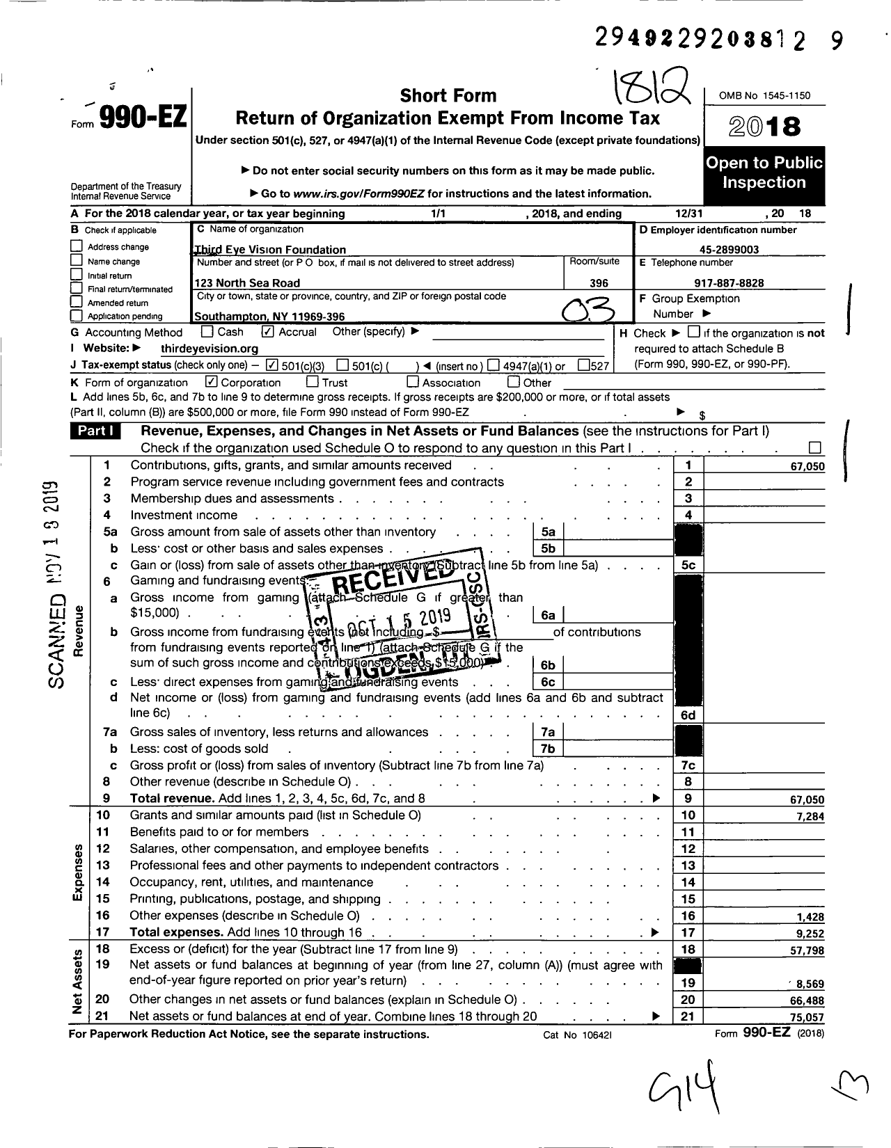 Image of first page of 2018 Form 990EZ for Thirdeyevision Foundation