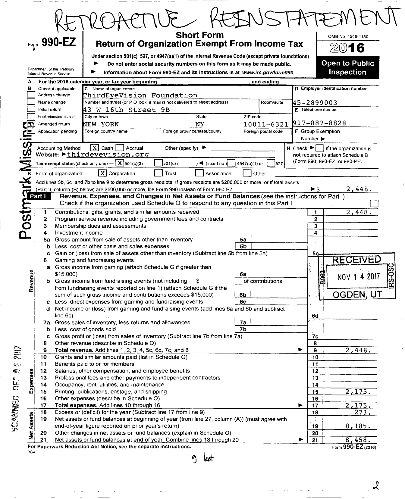 Image of first page of 2016 Form 990EZ for Thirdeyevision Foundation