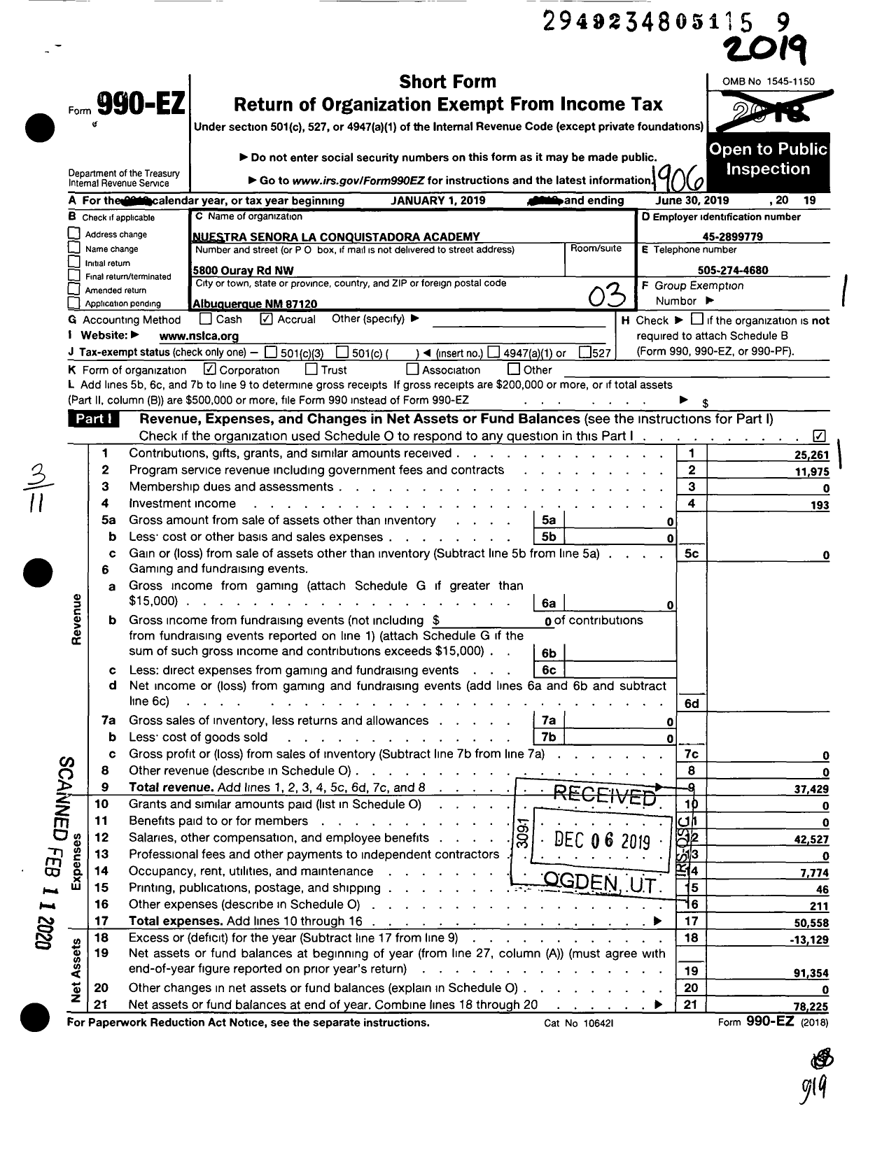 Image of first page of 2018 Form 990EZ for Nuestra Senora La Conquistadora Academy