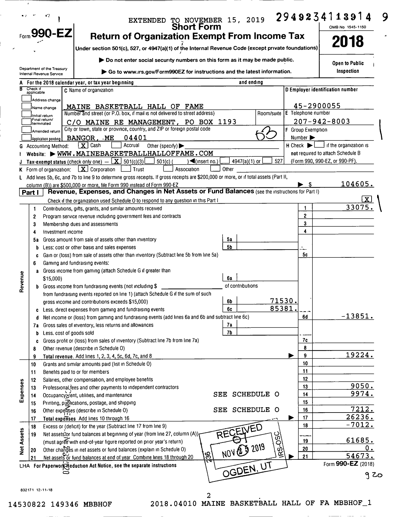 Image of first page of 2018 Form 990EZ for Maine Basketball Hall of Fame